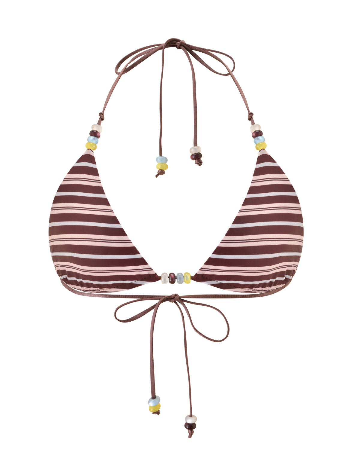 The FINLEA REVERSIBLE BIKINI TOP by TIGERMIST features brown and blue stripes, an adjustable triangle shape with halter neck and back ties, plus multicolour beaded details on the strings and center. Set against a plain white background.