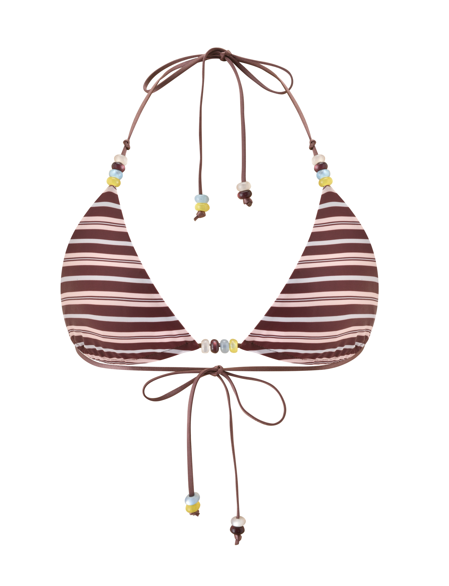 The FINLEA REVERSIBLE BIKINI TOP by TIGERMIST features brown and blue stripes, an adjustable triangle shape with halter neck and back ties, plus multicolour beaded details on the strings and center. Set against a plain white background.