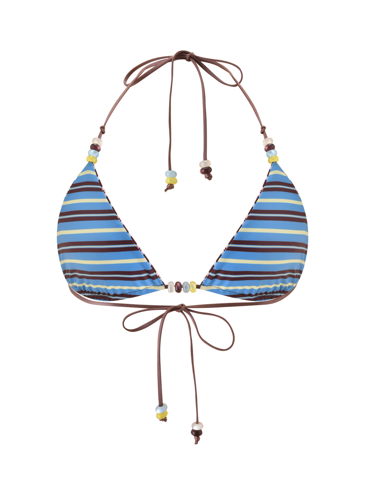 The FINLEA REVERSIBLE BIKINI TOP by TIGERMIST features brown and blue stripes, brown ties, and multicolour bead details, shown against a white background.