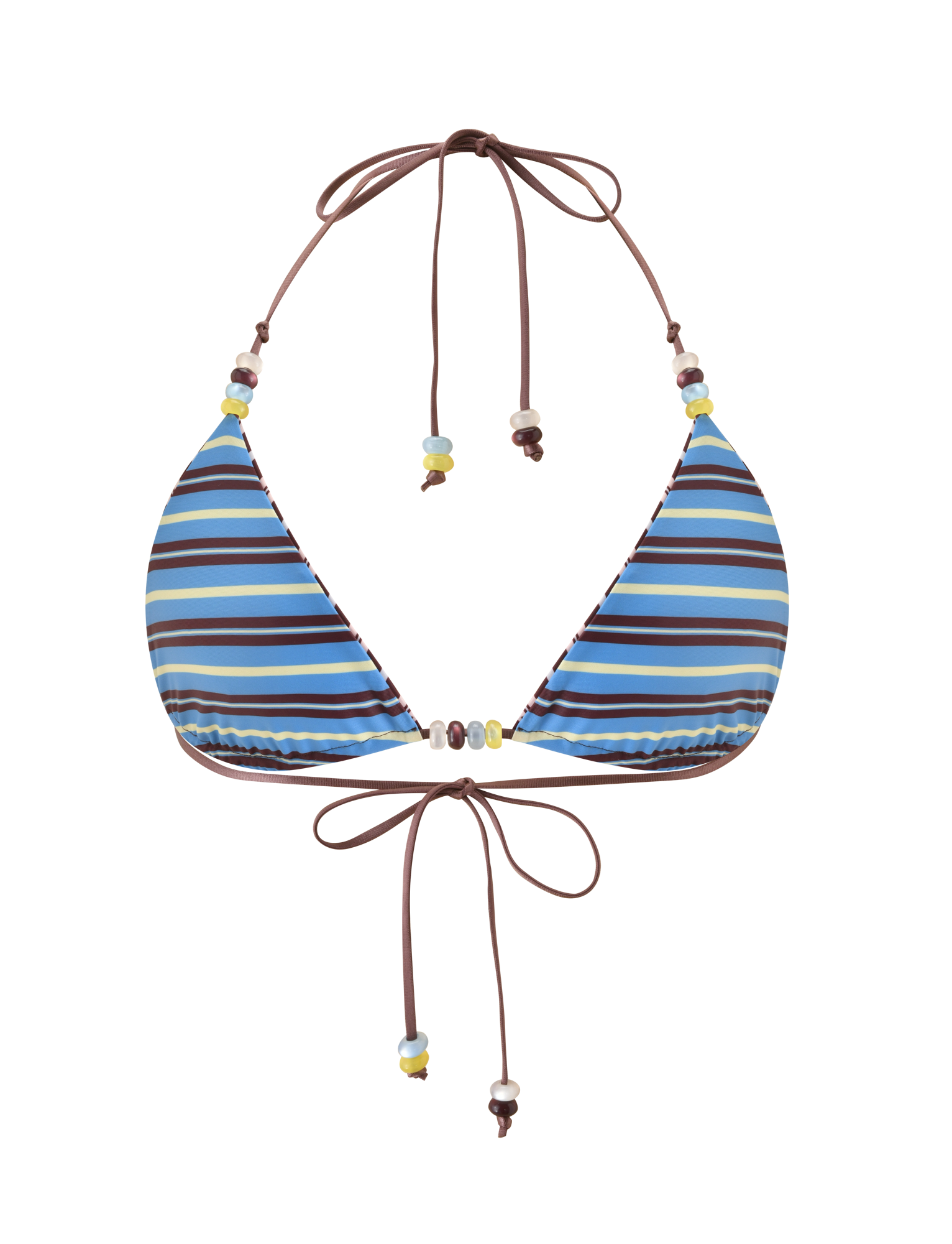 The FINLEA REVERSIBLE BIKINI TOP by TIGERMIST features brown and blue stripes, brown ties, and multicolour bead details, shown against a white background.