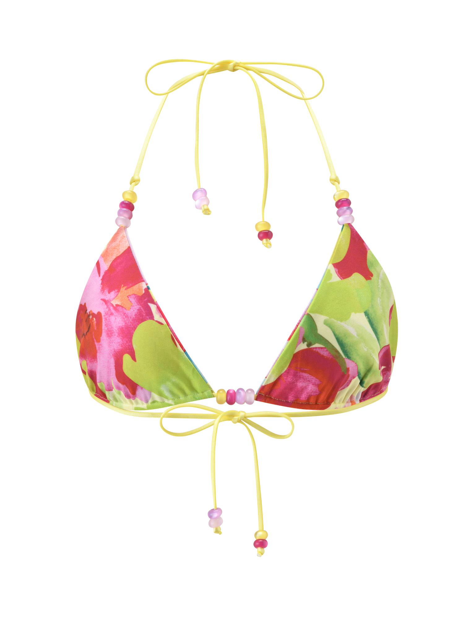 The FINLEA REVERSIBLE BIKINI TOP – GARDEN DAIQUIRI FLORAL by TIGERMIST is a vibrant triangle top with pink, green, and red floral patterns, yellow strings, and decorative pink and yellow beads on the straps.
