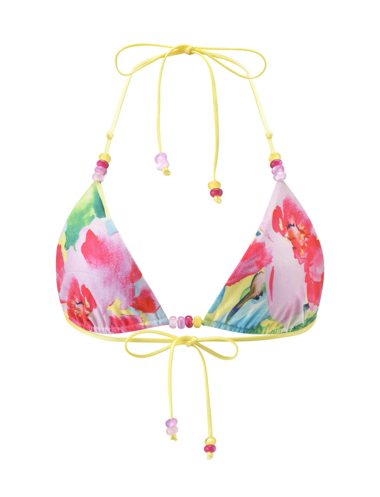 The TIGERMIST FINLEA REVERSIBLE BIKINI TOP in Garden Daiquiri Floral showcases pink, red, and green floral patterns with yellow ties and pink-purple bead accents, displayed against a white backdrop.