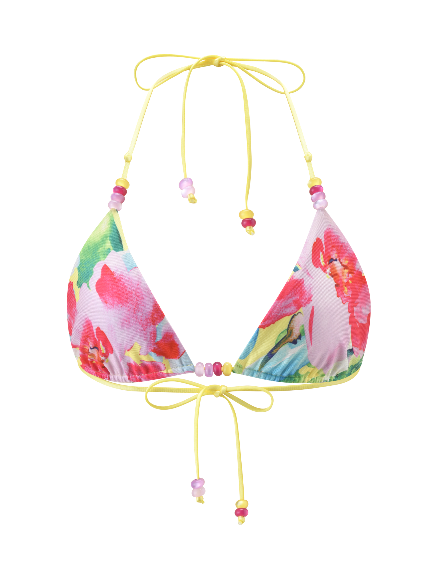 The TIGERMIST FINLEA REVERSIBLE BIKINI TOP in Garden Daiquiri Floral boasts a vibrant multicolour print, yellow adjustable straps, and pink and purple bead accents.