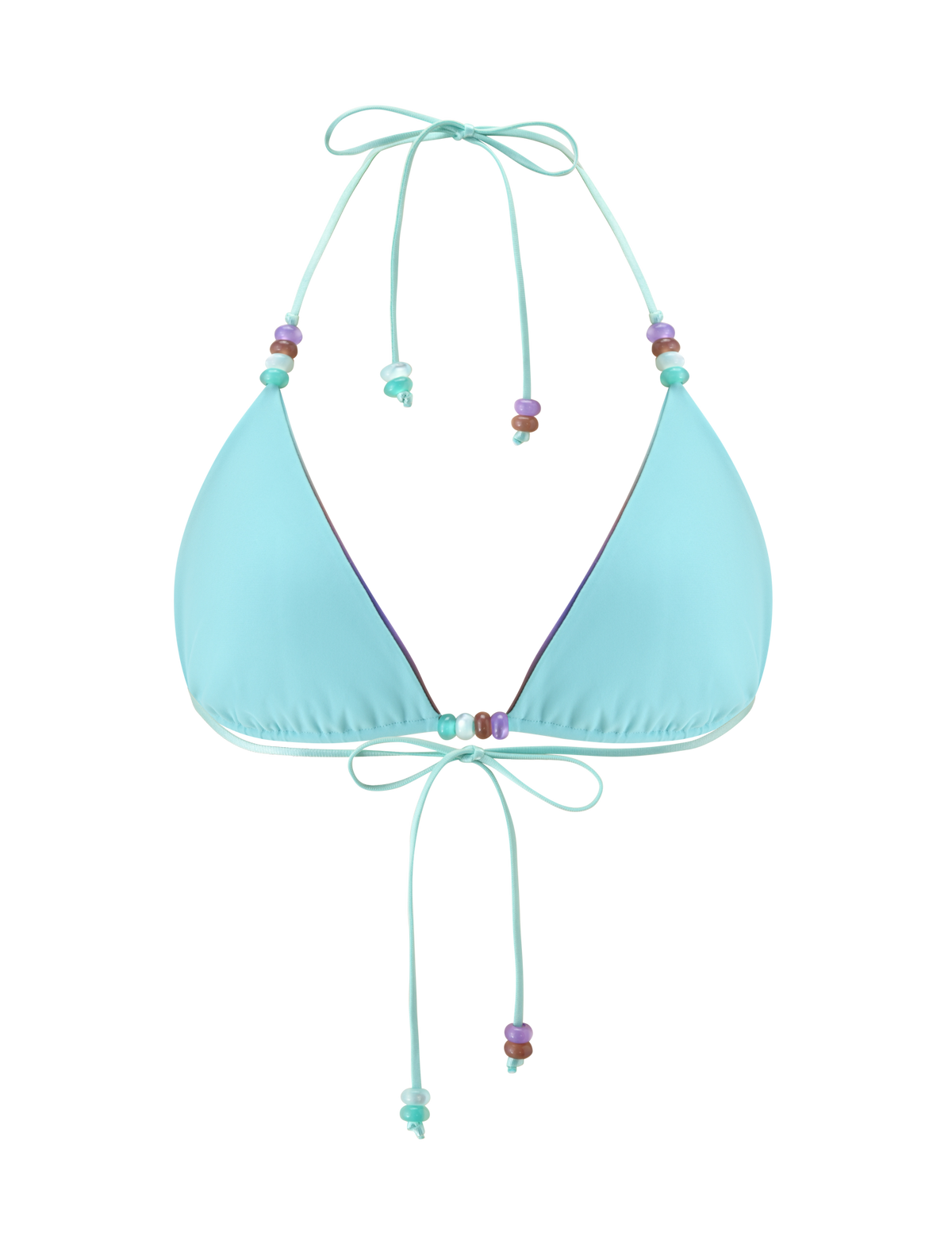 The TIGERMIST REVERSIBLE FINLEA BIKINI TOP in Mermaid Ombre Stripe features a light blue triangle design with colorful bead accents on the neck and chest ties, shown against a plain white background.