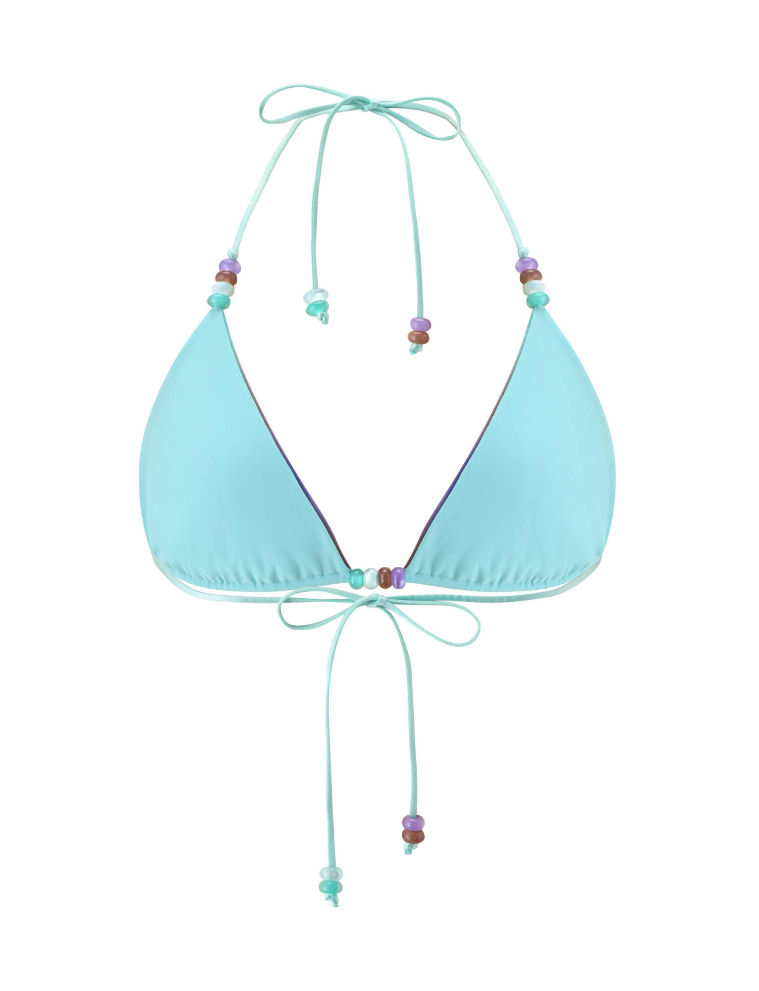 The TIGERMIST REVERSIBLE FINLEA BIKINI TOP in Mermaid Ombre Stripe features a light blue triangle design with colorful bead accents on the neck and chest ties, shown against a plain white background.