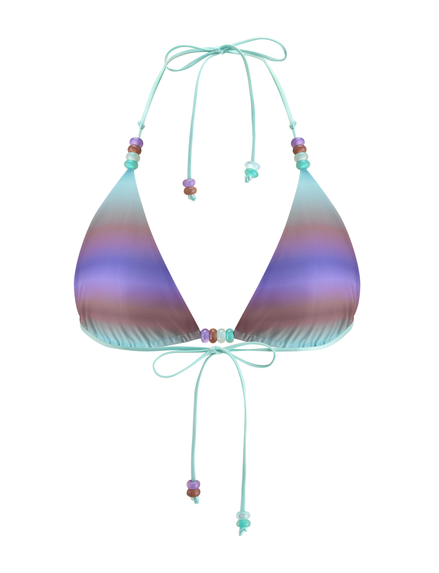 The REVERSIBLE FINLEA BIKINI TOP - MERMAID OMBRE STRIPE by TIGERMIST features a multicolor ombre gradient in blue, purple, and brown with triangle cups, halter neck and back ties, and colorful beaded accents on the strings.