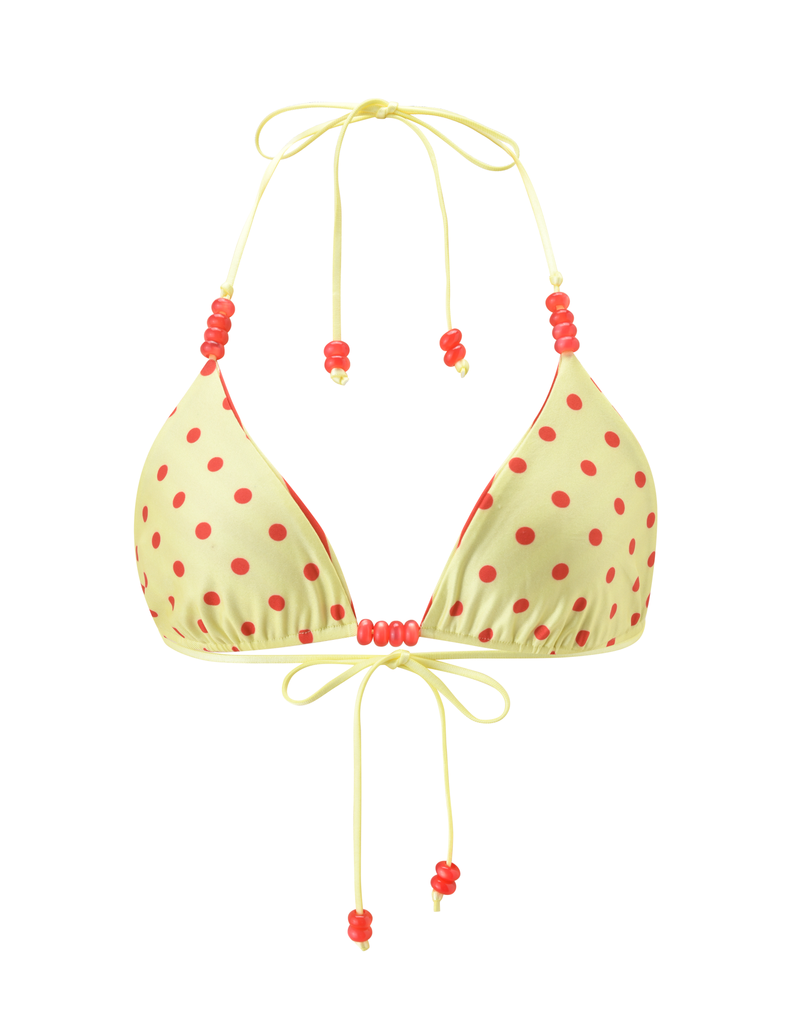 The TIGERMIST FINLEA REVERSIBLE BIKINI TOP - RED YELLOW DOT AND STRIPE features adjustable neck and back ties with decorative red beads on the straps. Shown on a plain white background.