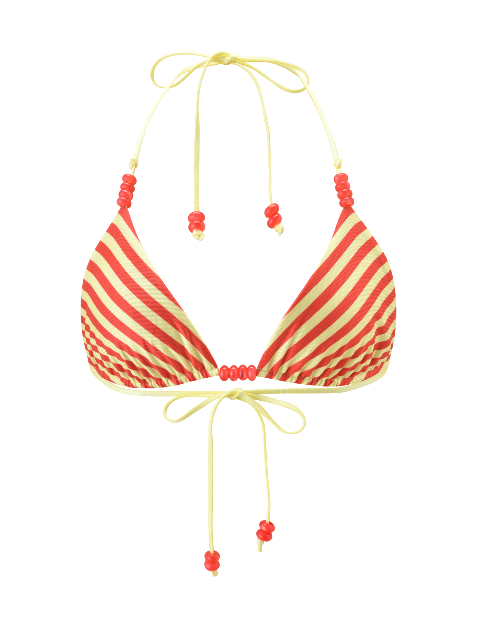 The TIGERMIST FINLEA REVERSIBLE BIKINI TOP in red and yellow dot and stripe features an adjustable triangle shape with halter neck, back ties, and red bead accents on the strings. Background is plain white.