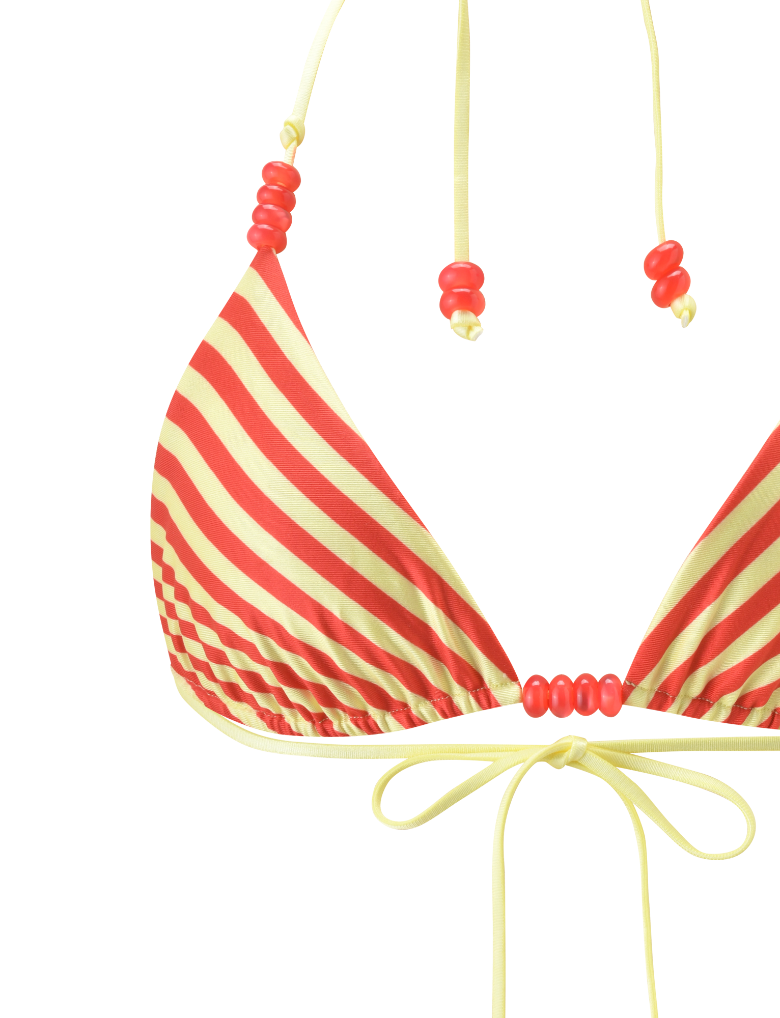 The TIGERMIST FINLEA REVERSIBLE BIKINI TOP in red and yellow dot and stripe features adjustable triangle cups with red bead accents, displayed against a plain white background.