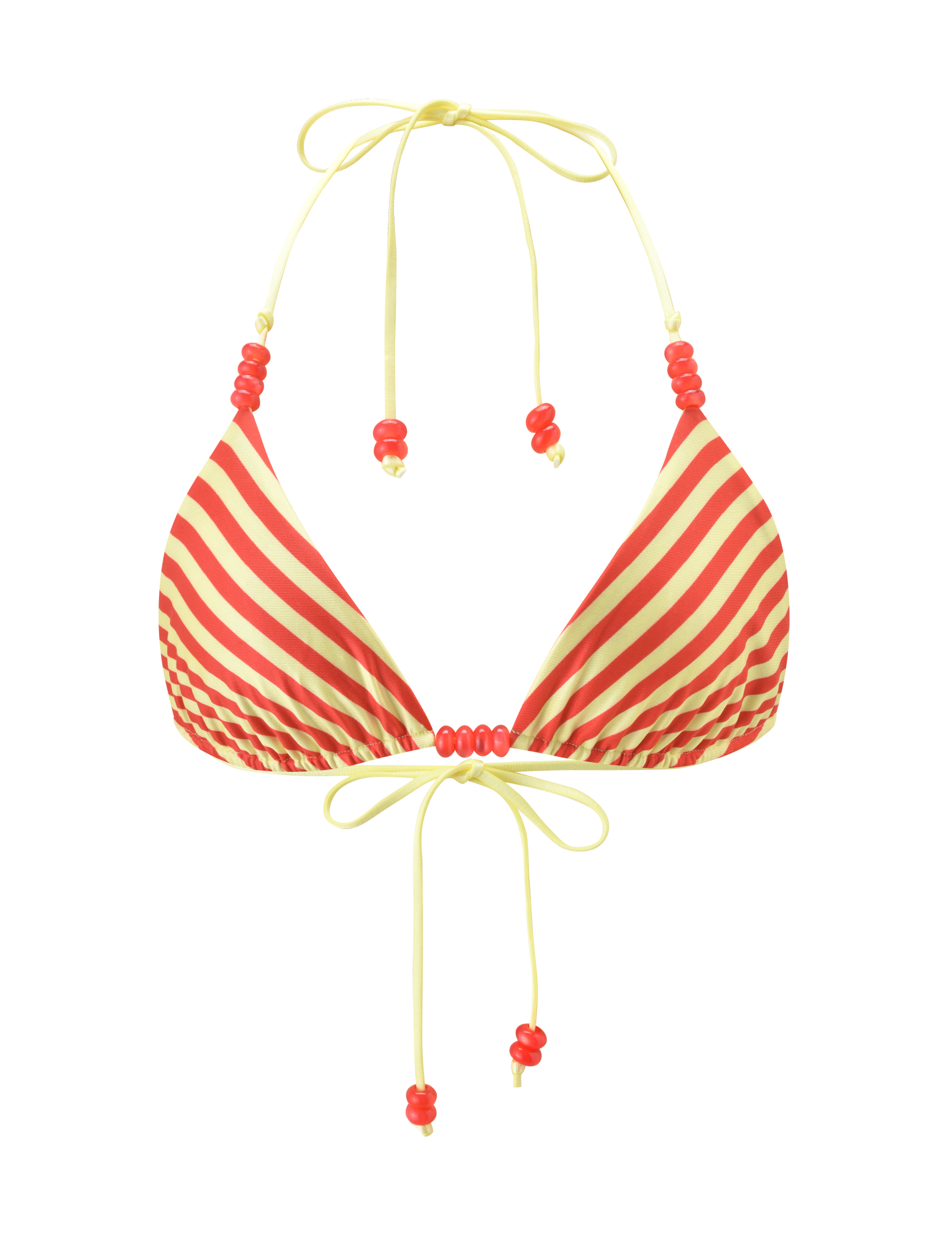 The FINLEA Reversible Bikini Top by TIGERMIST features red and yellow dot and stripe patterns, adjustable halter and back ties, and charming red bead accents.