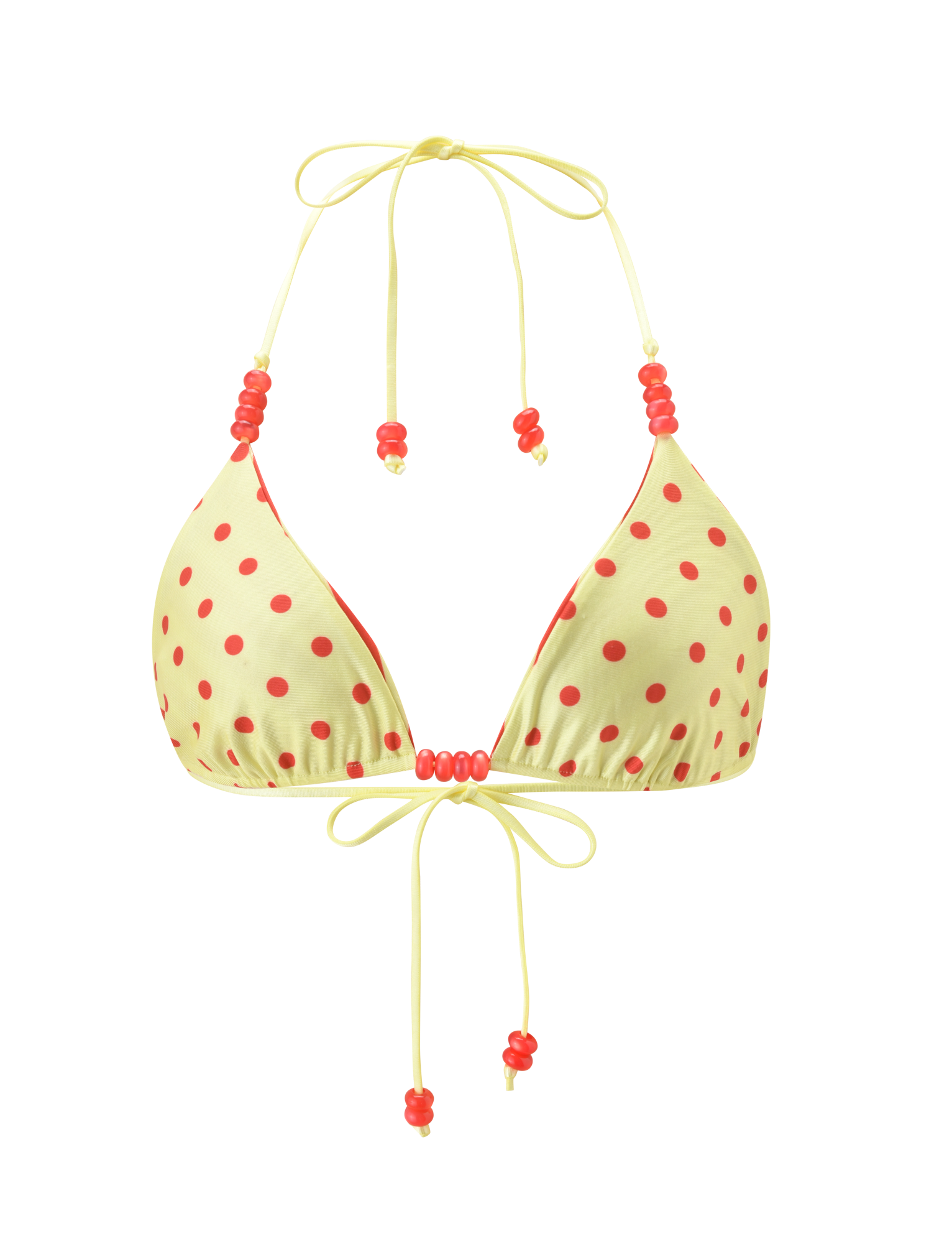 The TIGERMIST FINLEA REVERSIBLE BIKINI TOP features a red and yellow dot and stripe design with thin adjustable neck and back ties, accented by small red beads for a playful detail.