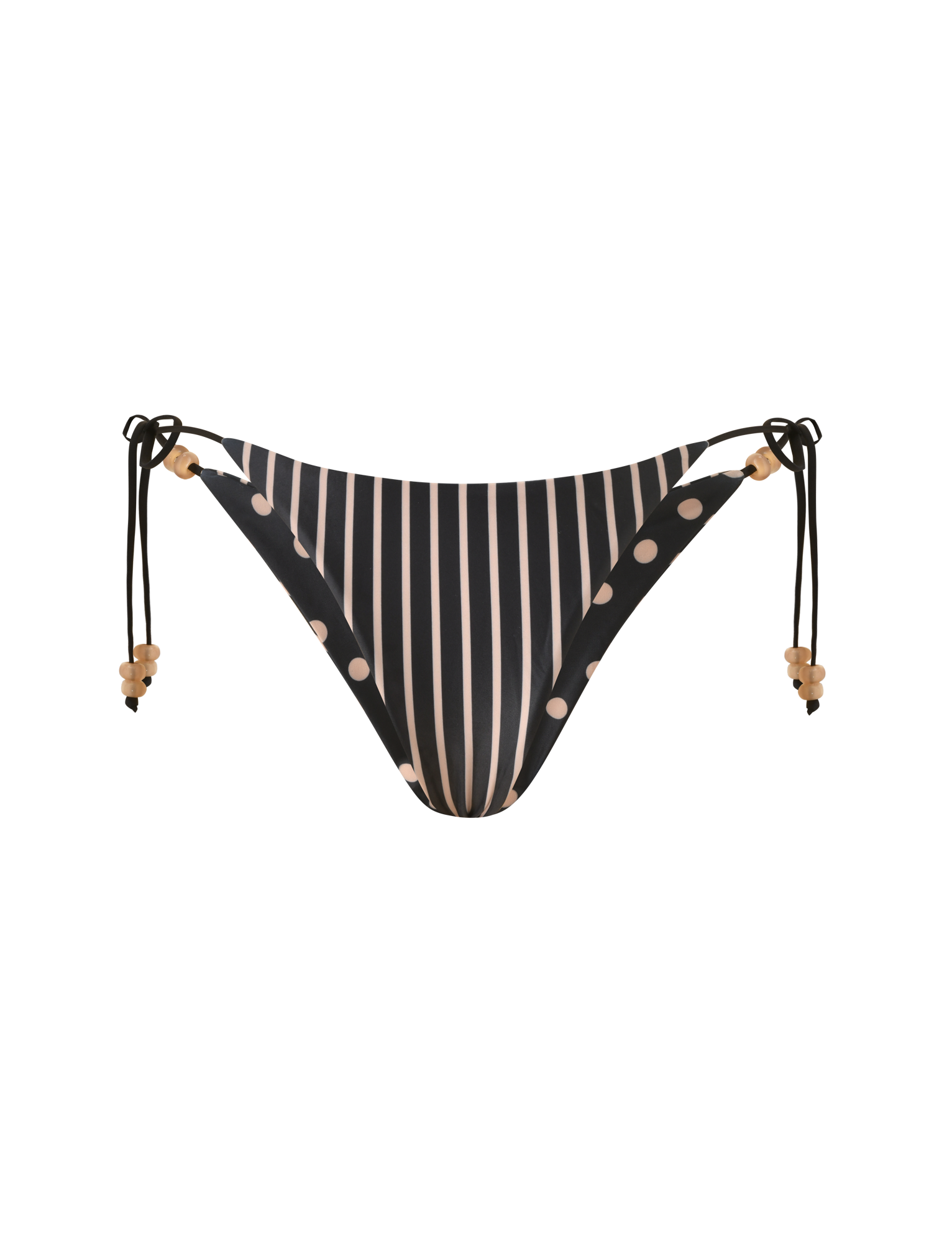 The TIGERMIST FINLEA REVERSIBLE BIKINI BOTTOM in black and tan features beige stripes, large beige polka dots, adjustable string ties with beaded accents, and is shown on a white background.