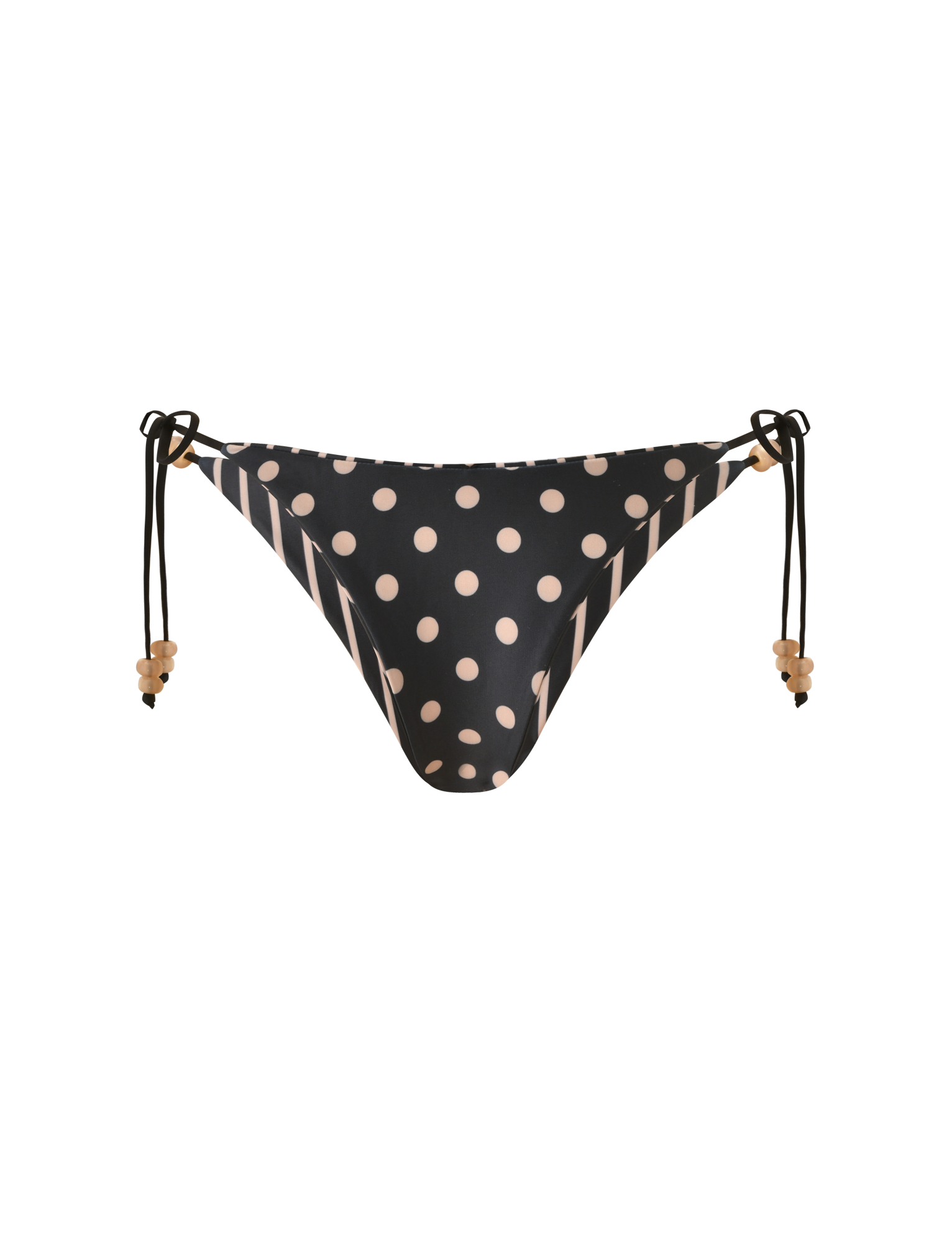 The TIGERMIST FINLEA REVERSIBLE BIKINI BOTTOM features a black cheeky cut with tan polka dots on the front, diagonal stripes on the sides, and adjustable beaded side ties.