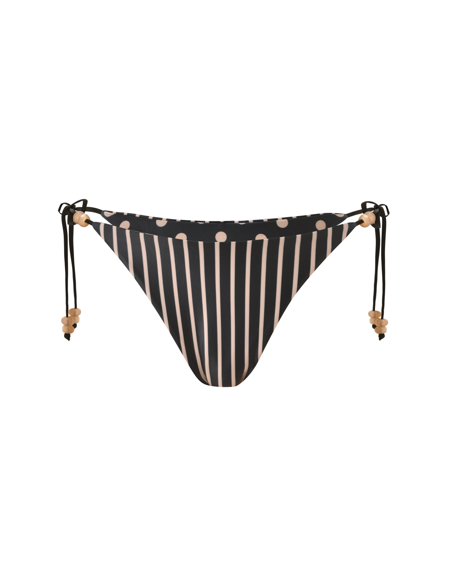 The TIGERMIST FINLEA REVERSIBLE BIKINI BOTTOM in black and tan features a cheeky cut, beige vertical stripes with dot details, and adjustable side ties with small beige beads, shown on a plain white background.