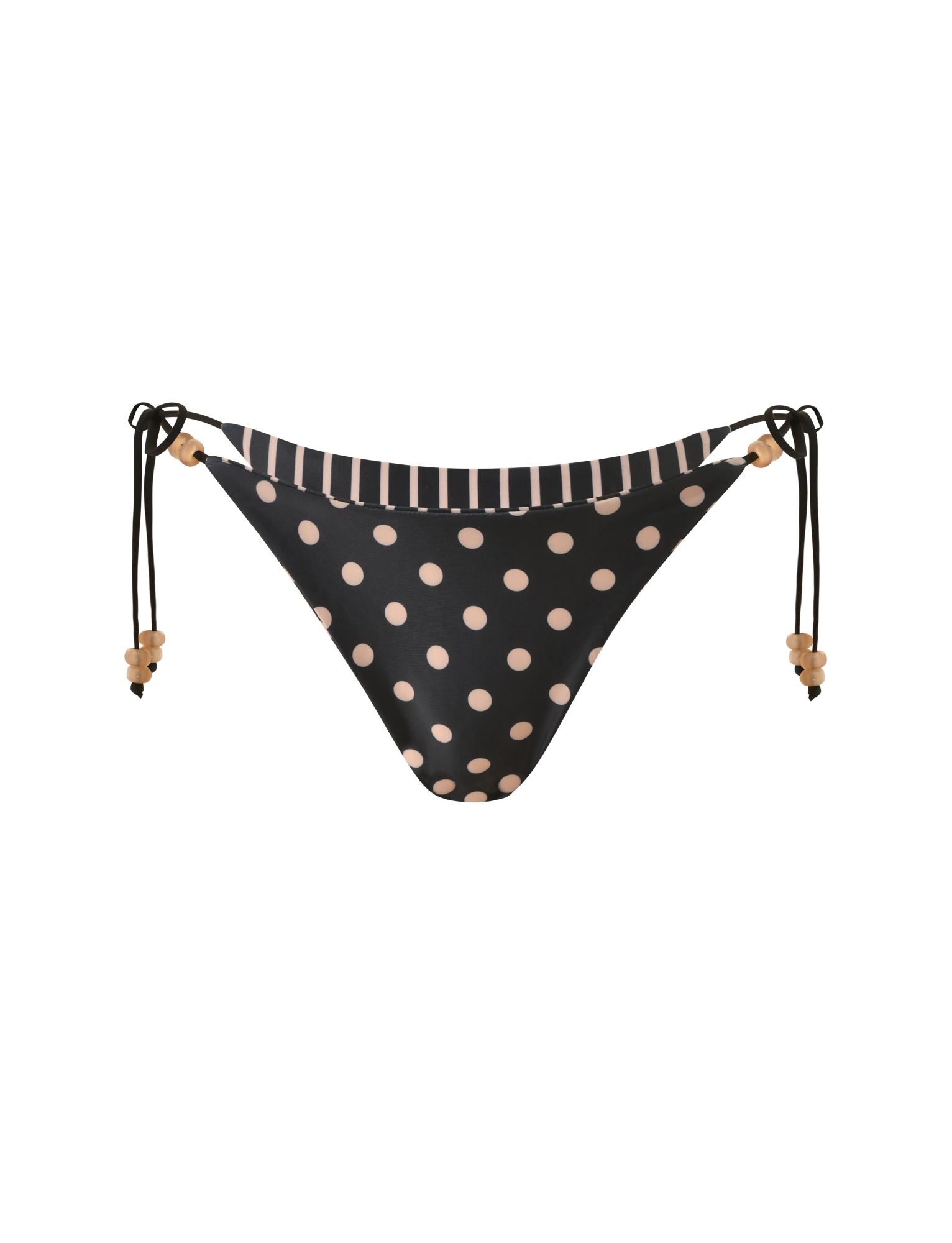 The TIGERMIST FINLEA REVERSIBLE BIKINI BOTTOM in black and tan features side string ties with beaded details and a cheeky cut, shown on a plain white background.