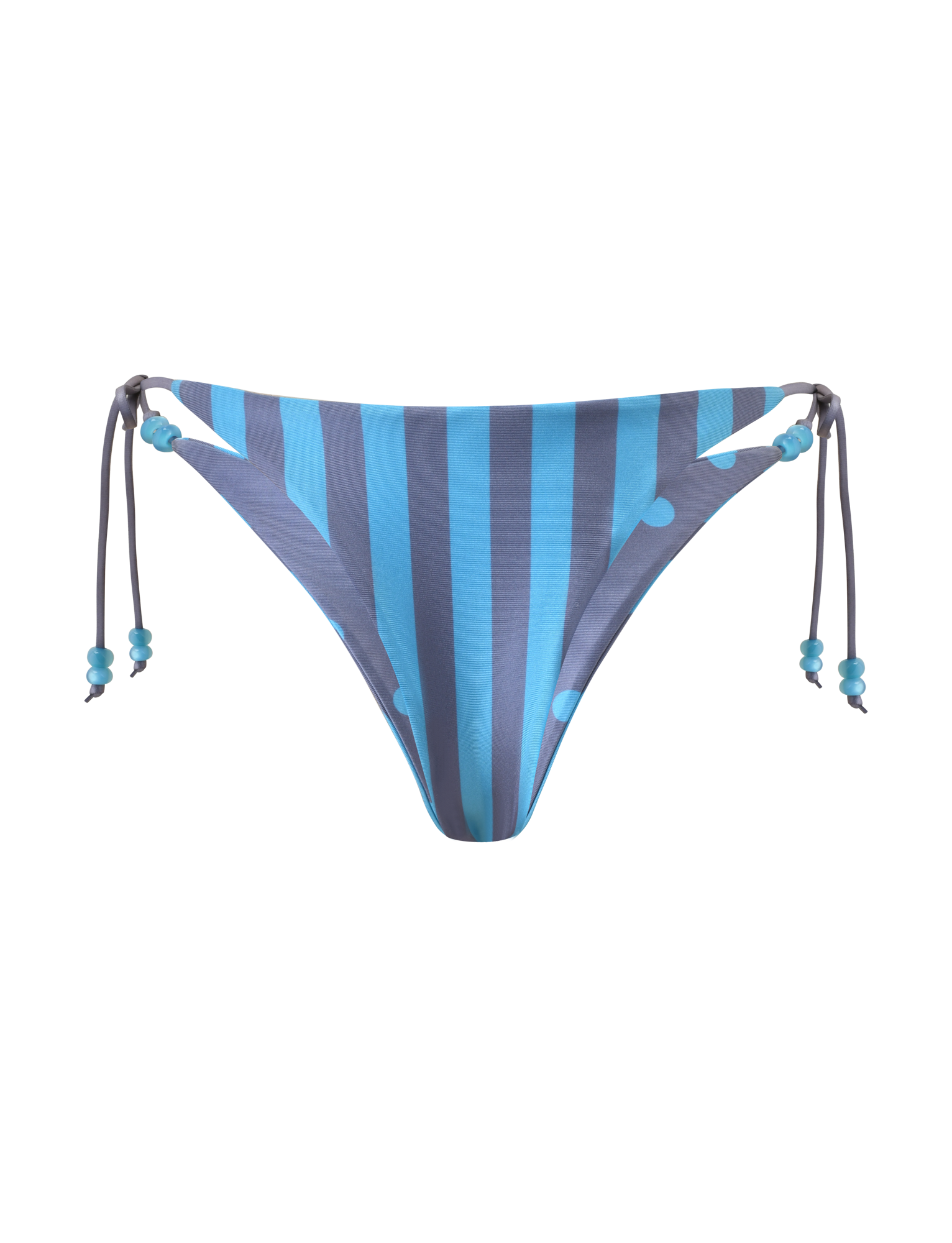 TIGERMIST FINLEA REVERSIBLE BIKINI BOTTOM in blue grey dot and stripe, features side ties with blue beads, a cheeky bikini cut, and is displayed on a white background.