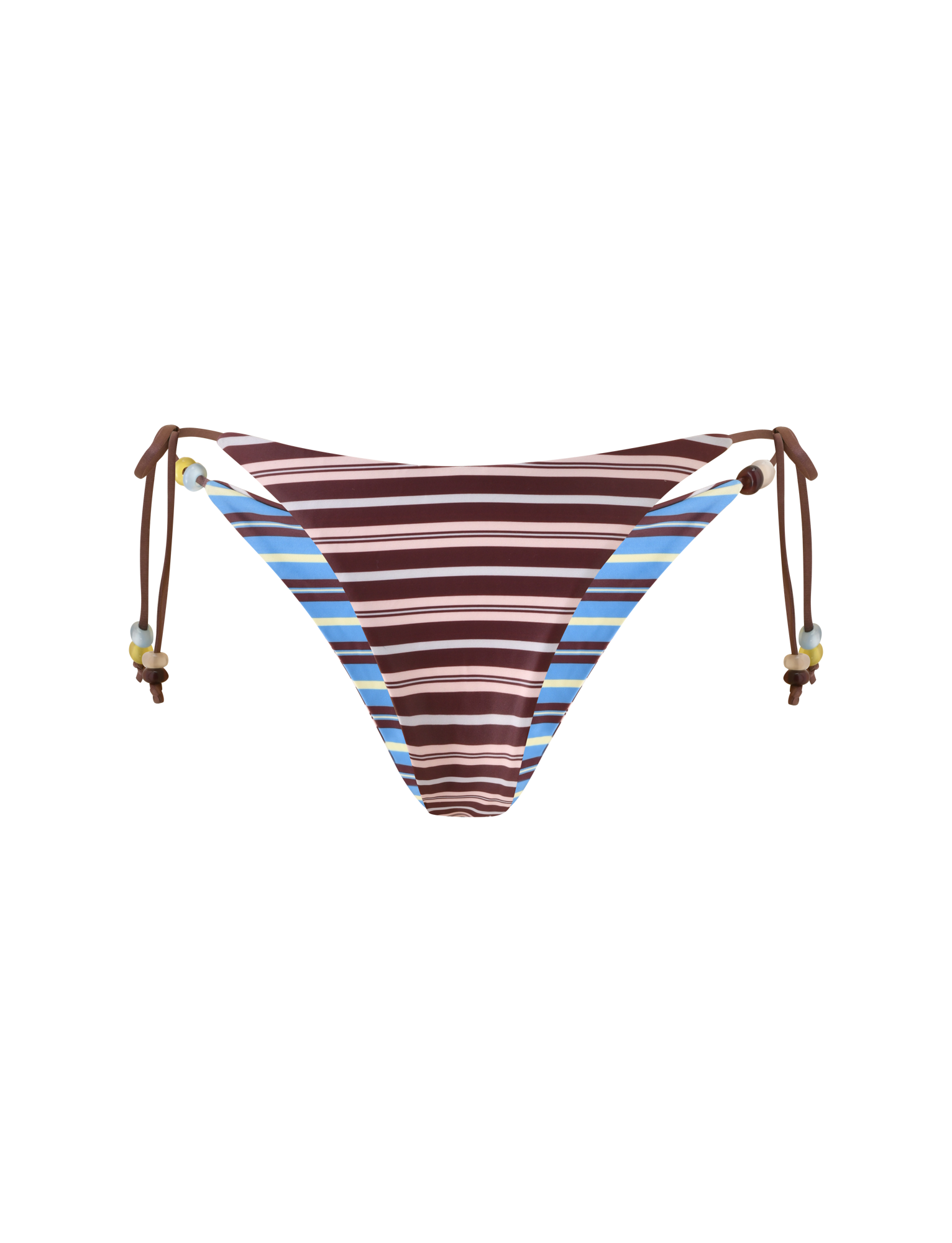 The TIGERMIST FINLEA REVERSIBLE BIKINI BOTTOM - BROWN AND BLUE STRIPE features a cheeky cut, side ties with multicoloured beaded brown strings, and horizontal brown, blue, and white stripes on a plain white background.