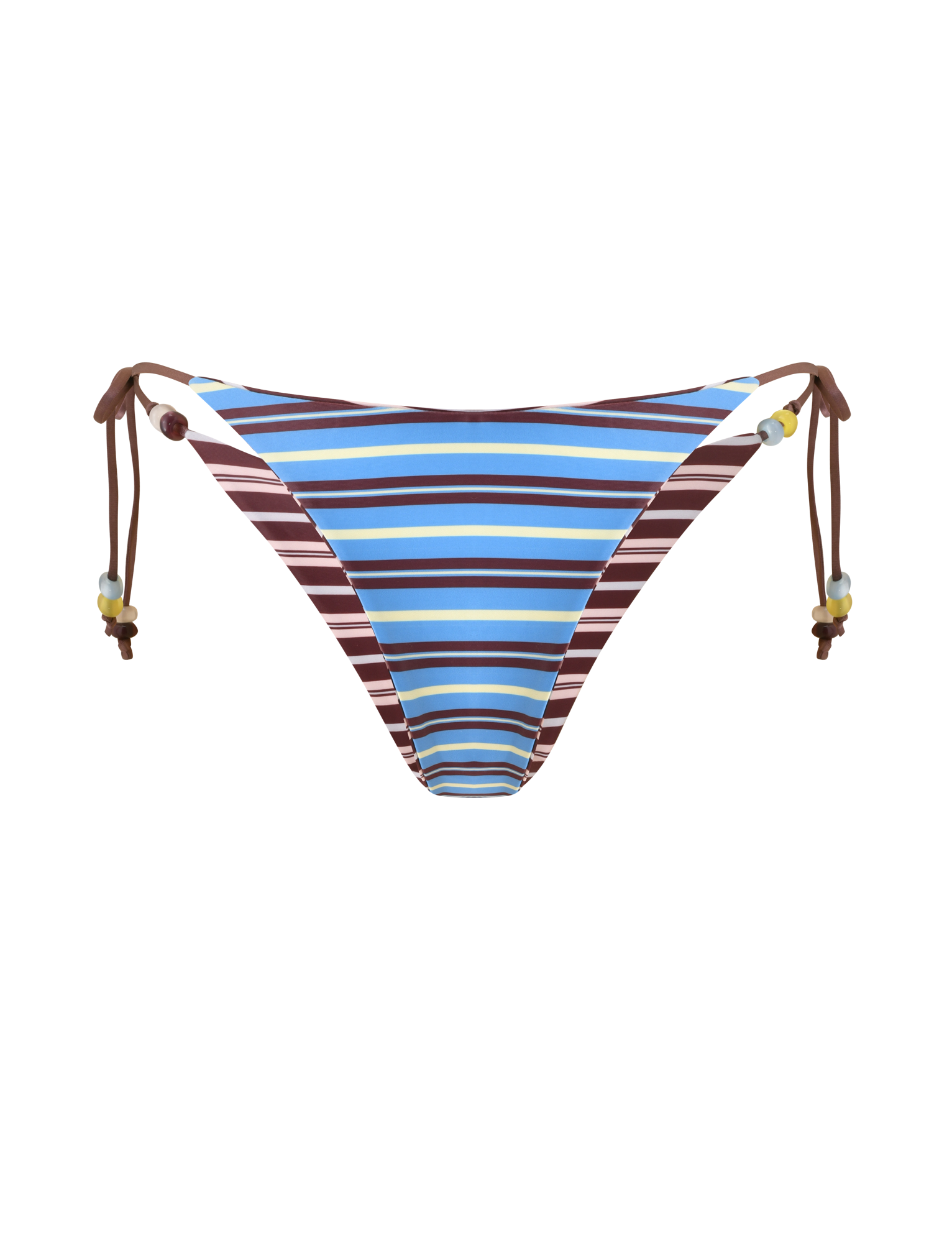 The TIGERMIST FINLEA REVERSIBLE BIKINI BOTTOM in brown and blue stripe features horizontal stripes, adjustable side ties with multicoloured beads, and is shown on a plain white background.