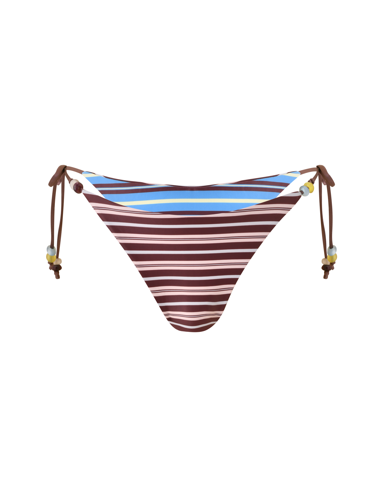 The TIGERMIST FINLEA REVERSIBLE BIKINI BOTTOM in brown and blue stripes features a cheeky cut, adjustable side ties with multicoloured beads, and is shown on a plain white background.