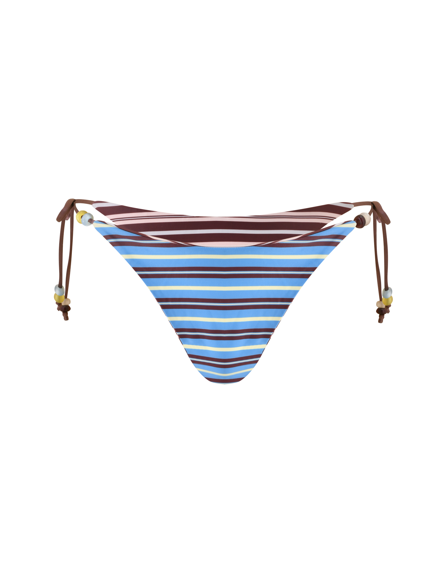 The FINLEA REVERSIBLE BIKINI BOTTOM by TIGERMIST features a cheeky cut and brown, blue, white, and yellow stripes. Brown string side ties are accented with multicoloured beads. Background is plain white.