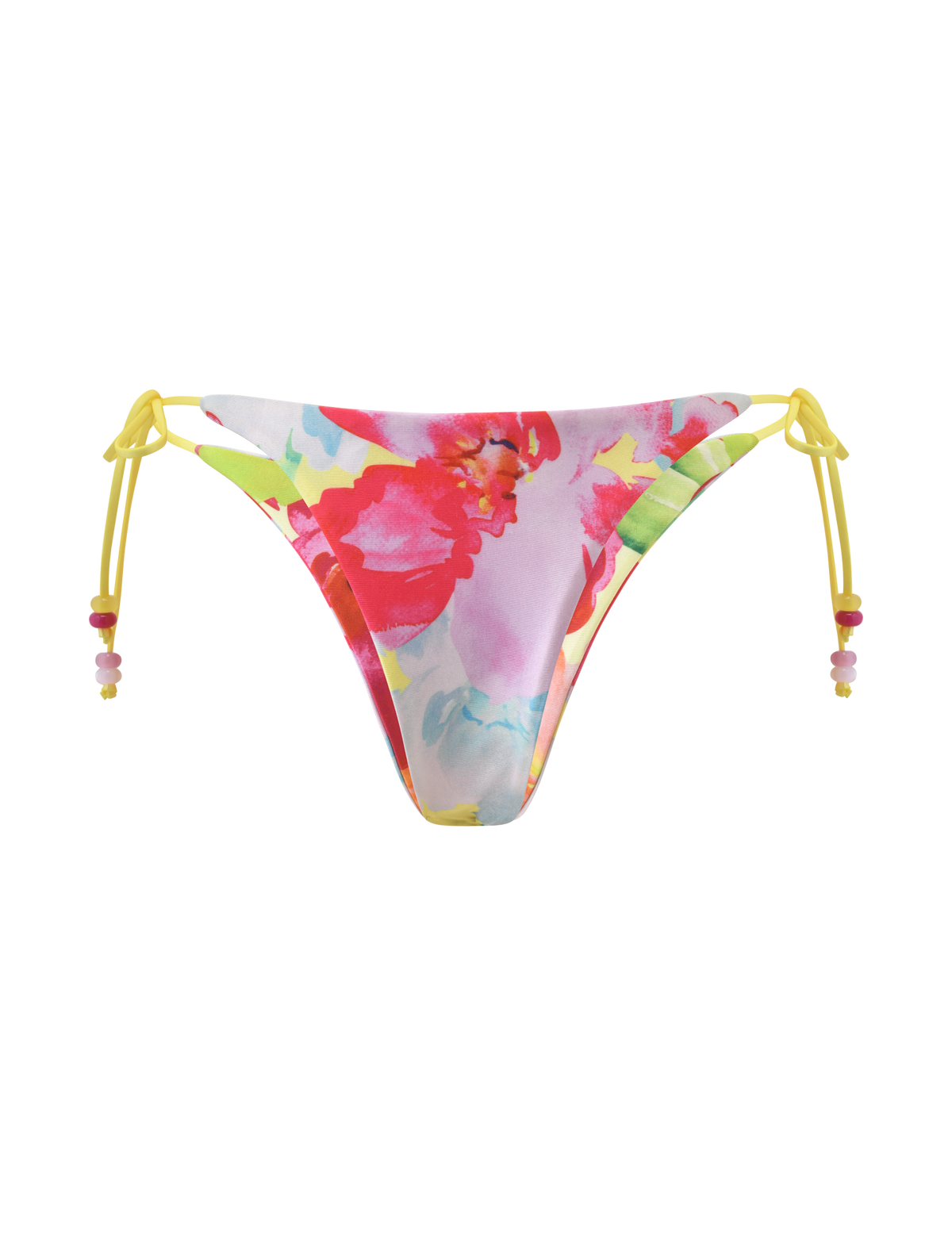 The TIGERMIST FINLEA REVERSIBLE BIKINI BOTTOM - GARDEN DAIQUIRI FLORAL features a cheeky fit, colorful red, pink, and green floral print, and yellow side string ties with beaded accents, shown on a white background.