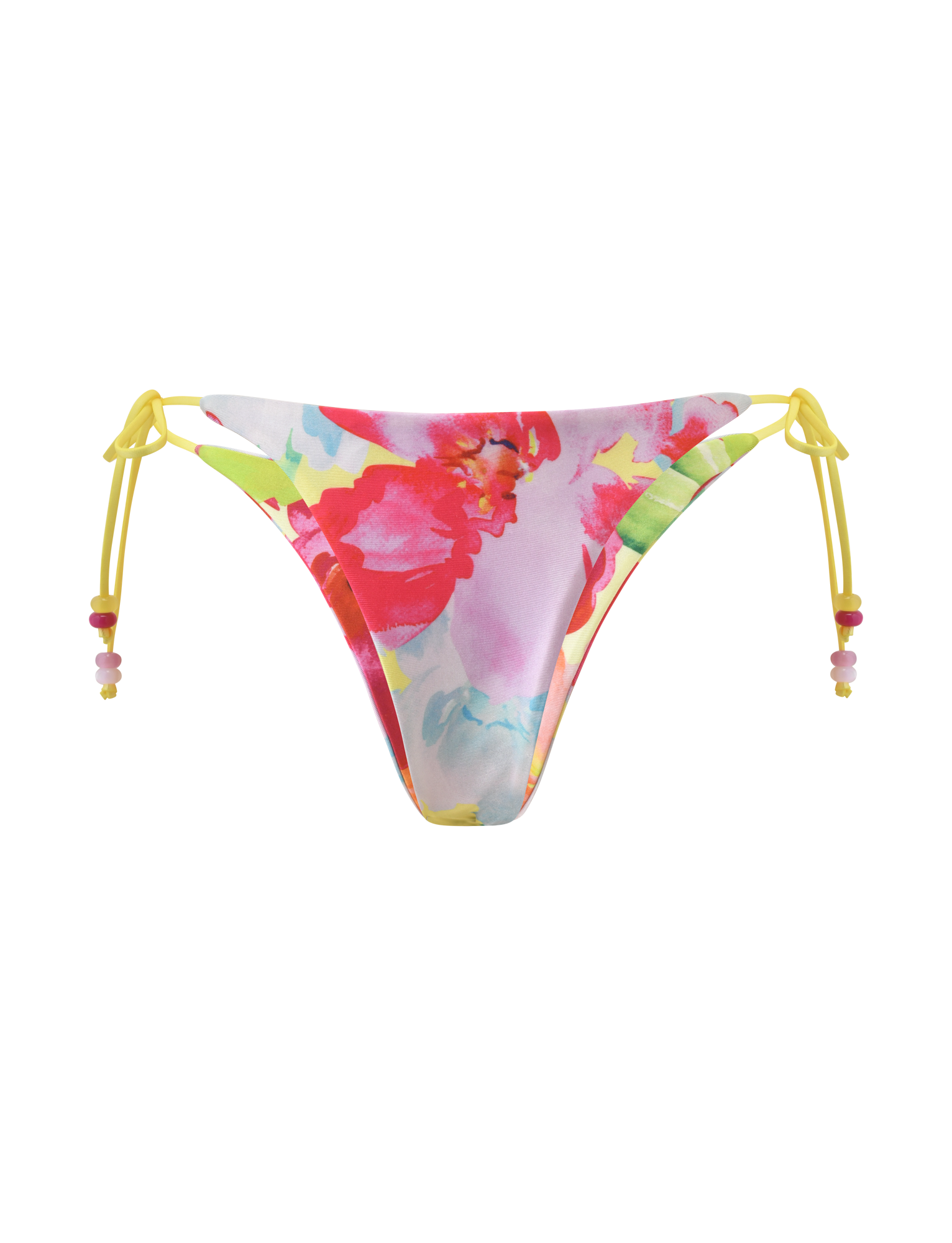 The TIGERMIST FINLEA REVERSIBLE BIKINI BOTTOM - GARDEN DAIQUIRI FLORAL features a cheeky fit, colorful red, pink, and green floral print, and yellow side string ties with beaded accents, shown on a white background.