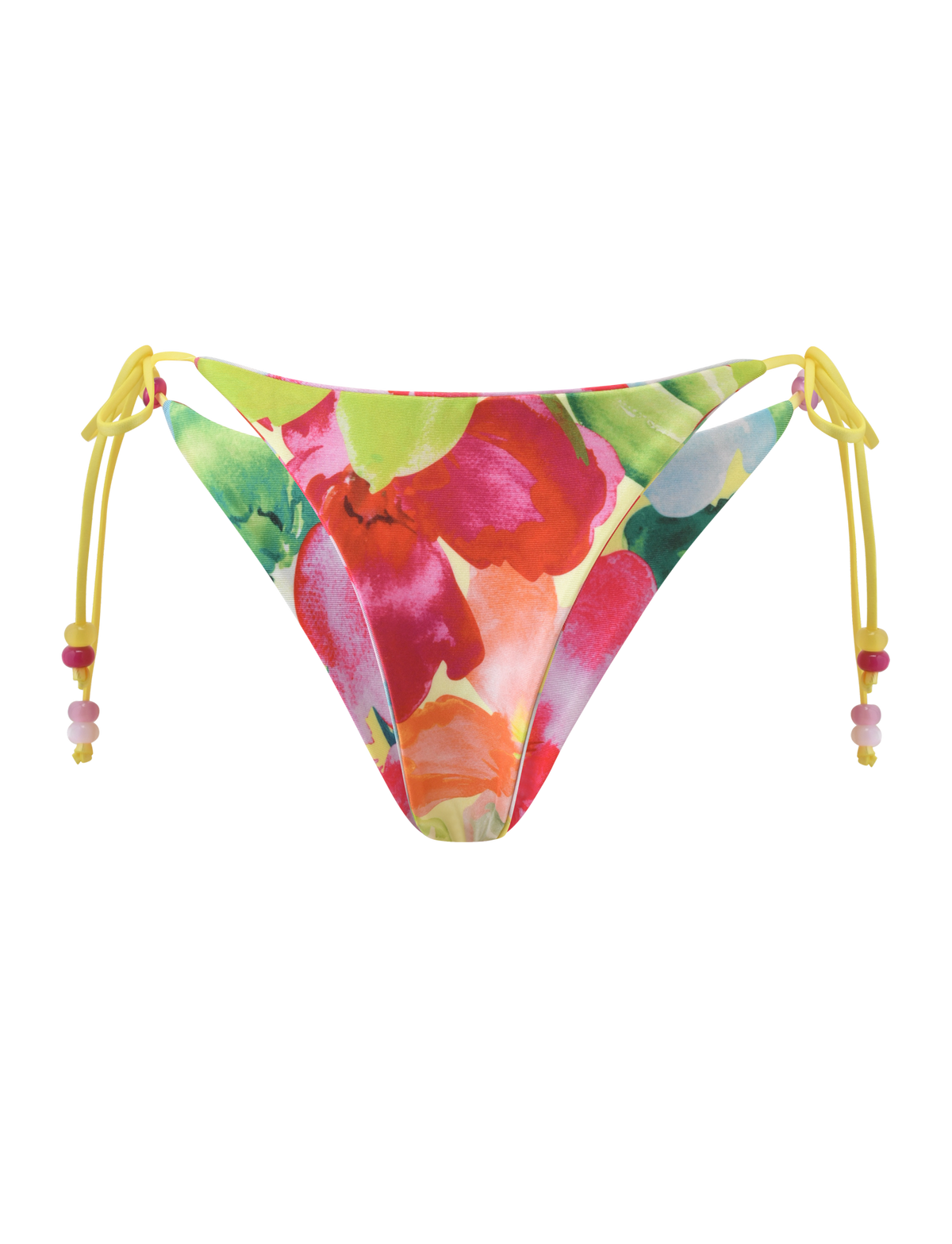 The TIGERMIST FINLEA REVERSIBLE BIKINI BOTTOM in Garden Daiquiri Floral features a vibrant red, pink, green, and blue print with yellow side ties and bead accents. This cheeky style stands out beautifully against a plain white background.