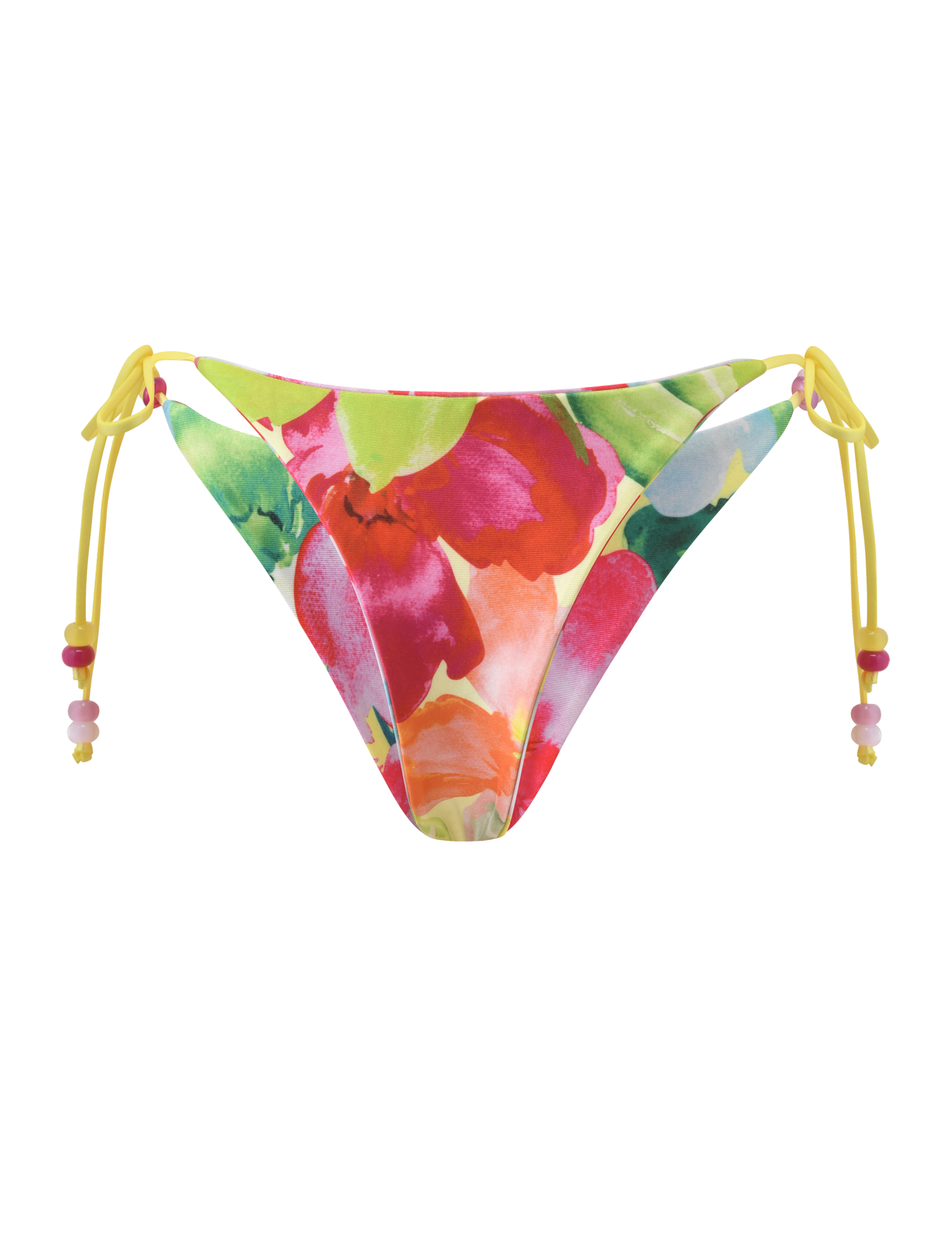 The TIGERMIST FINLEA REVERSIBLE BIKINI BOTTOM in Garden Daiquiri Floral features a vibrant red, pink, green, and blue print with yellow side ties and bead accents. This cheeky style stands out beautifully against a plain white background.