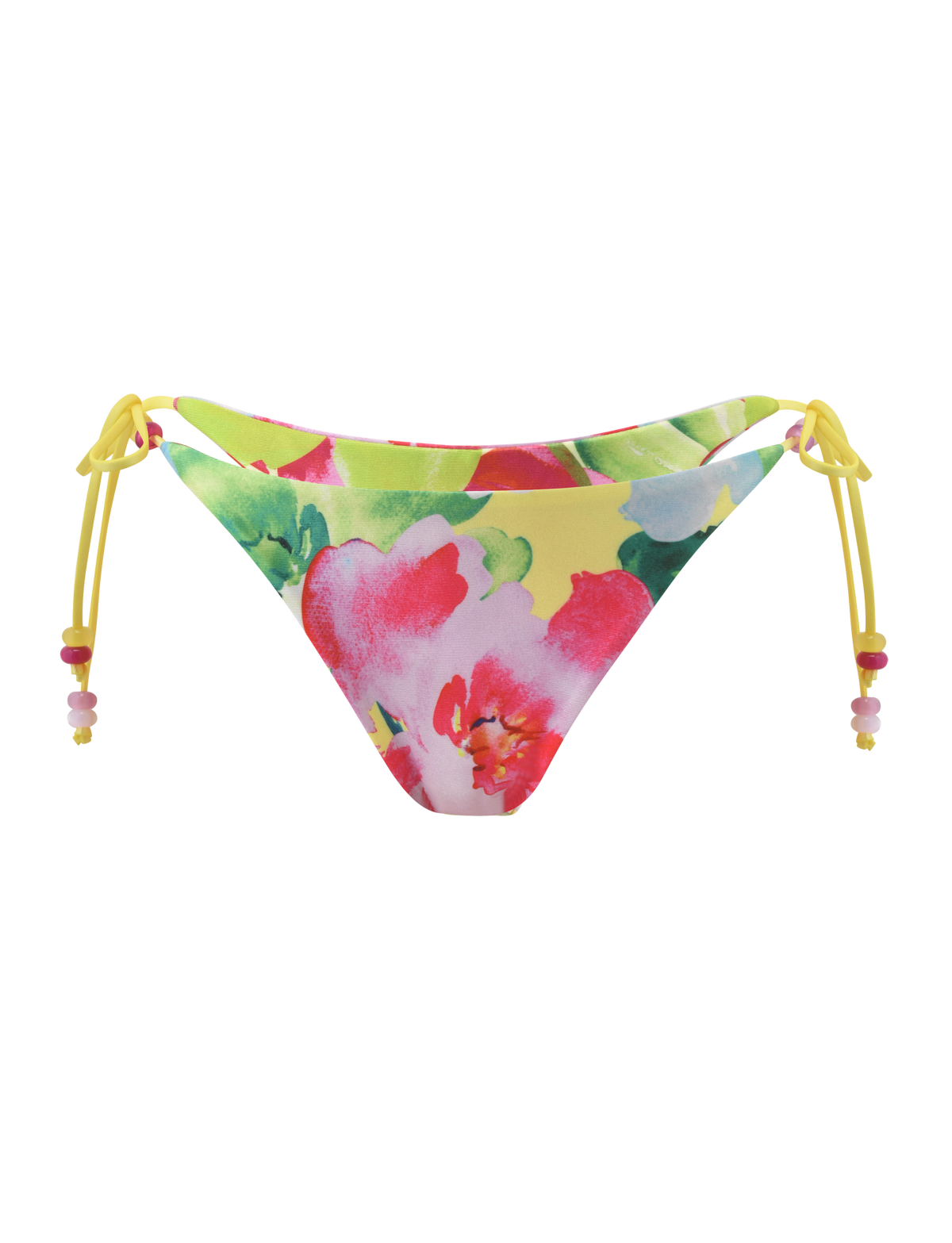 The TIGERMIST FINLEA REVERSIBLE BIKINI BOTTOM in Garden Daiquiri Floral features a yellow base with pink, red, and green blooms, cheeky fit, side yellow ties, and pink and white beads. Displayed on a plain white background.