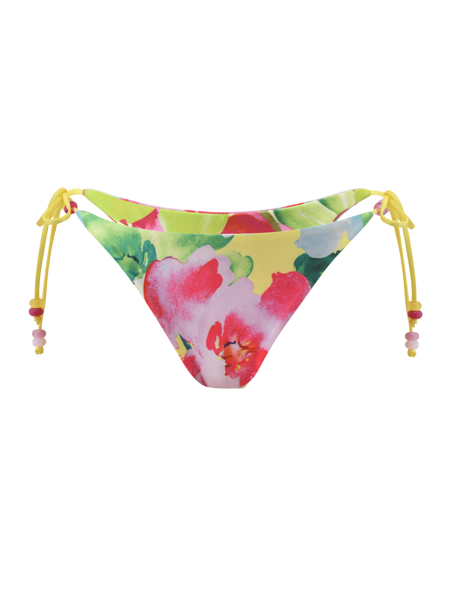 The TIGERMIST FINLEA REVERSIBLE BIKINI BOTTOM in Garden Daiquiri Floral features a yellow base with pink, red, and green blooms, cheeky fit, side yellow ties, and pink and white beads. Displayed on a plain white background.
