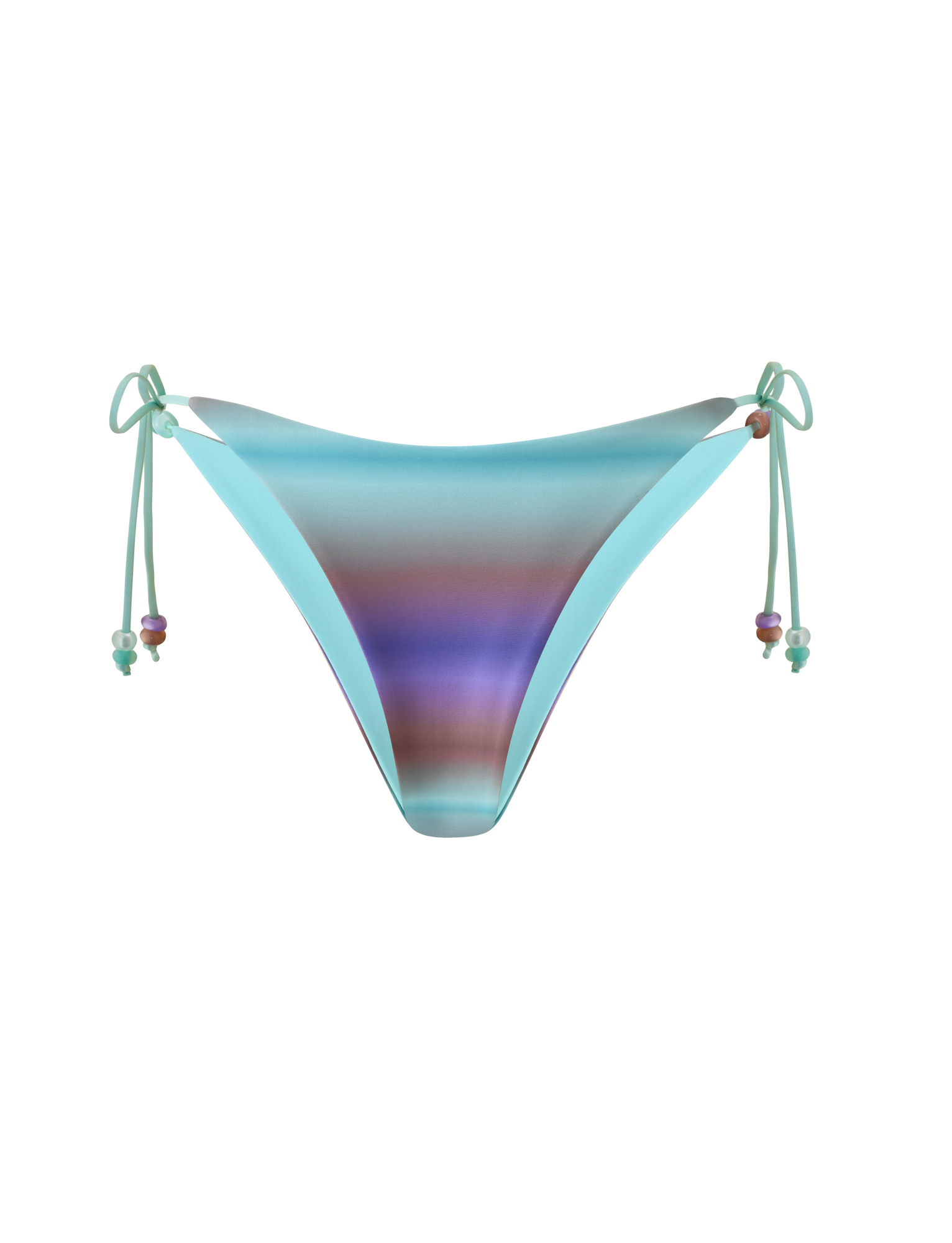 The REVERSIBLE FINLEA BIKINI BOTTOM - MERMAID OMBRE STRIPE by TIGERMIST features a cheeky bikini cut with gradient blue, purple, and teal shades accented by beaded side ties, shown on a plain white background.