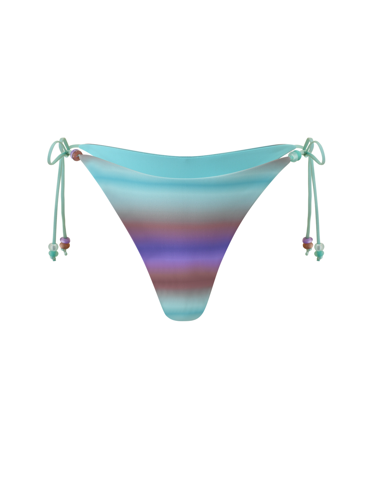 The TIGERMIST REVERSIBLE FINLEA BIKINI BOTTOM - MERMAID OMBRE STRIPE is a cheeky, reversible bikini bottom with side ties, designed with playful horizontal stripes in aqua, purple, and maroon hues set against a white background for versatile and stylish beachwear.