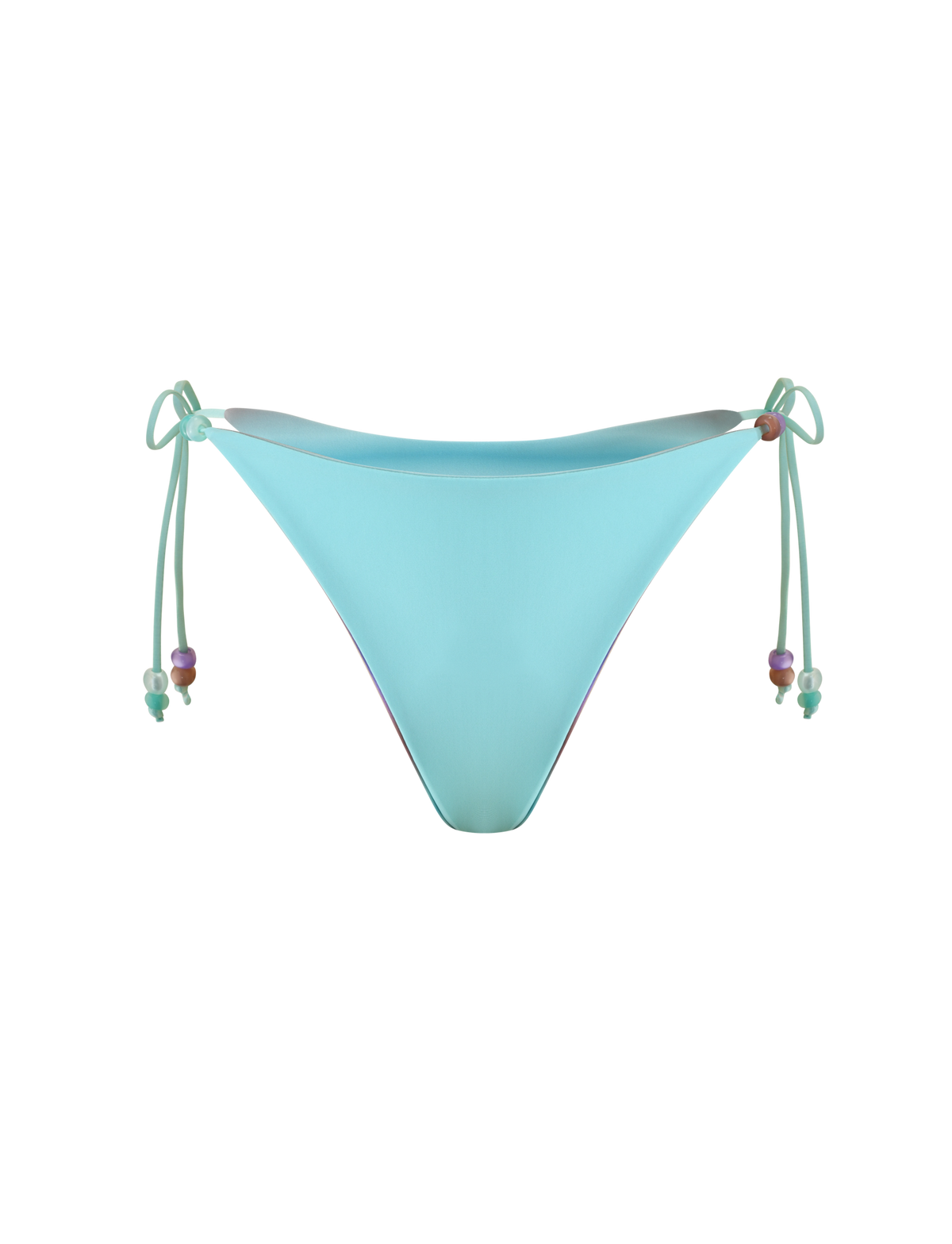 The REVERSIBLE FINLEA BIKINI BOTTOM - MERMAID OMBRE STRIPE by TIGERMIST features a light blue, cheeky bikini cut with side ties adorned with small, colorful beads, shown against a white background.