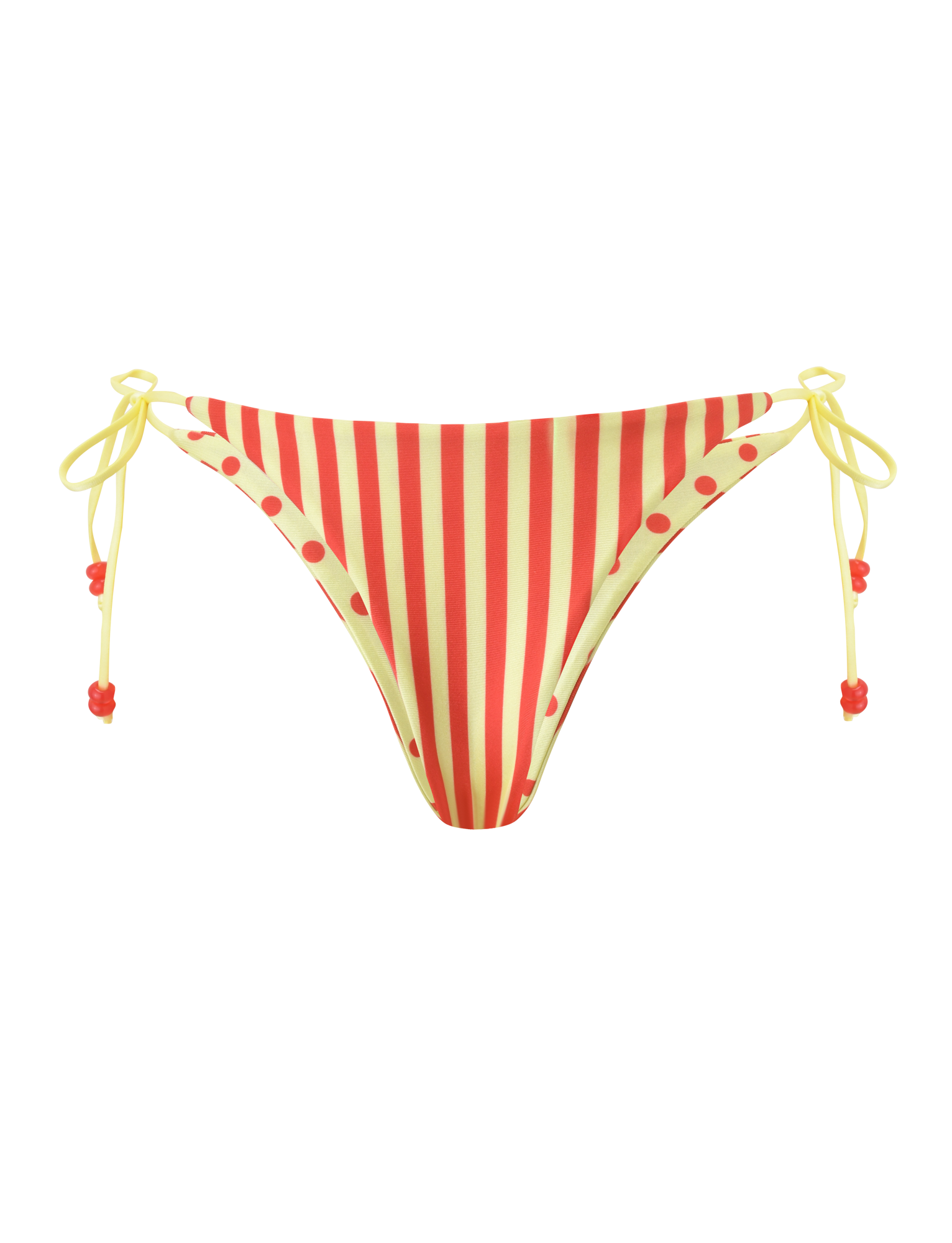 The FINLEA REVERSIBLE BIKINI BOTTOM by TIGERMIST features red and yellow vertical stripes, yellow side ties with small red bead accents, and is shown against a white background.