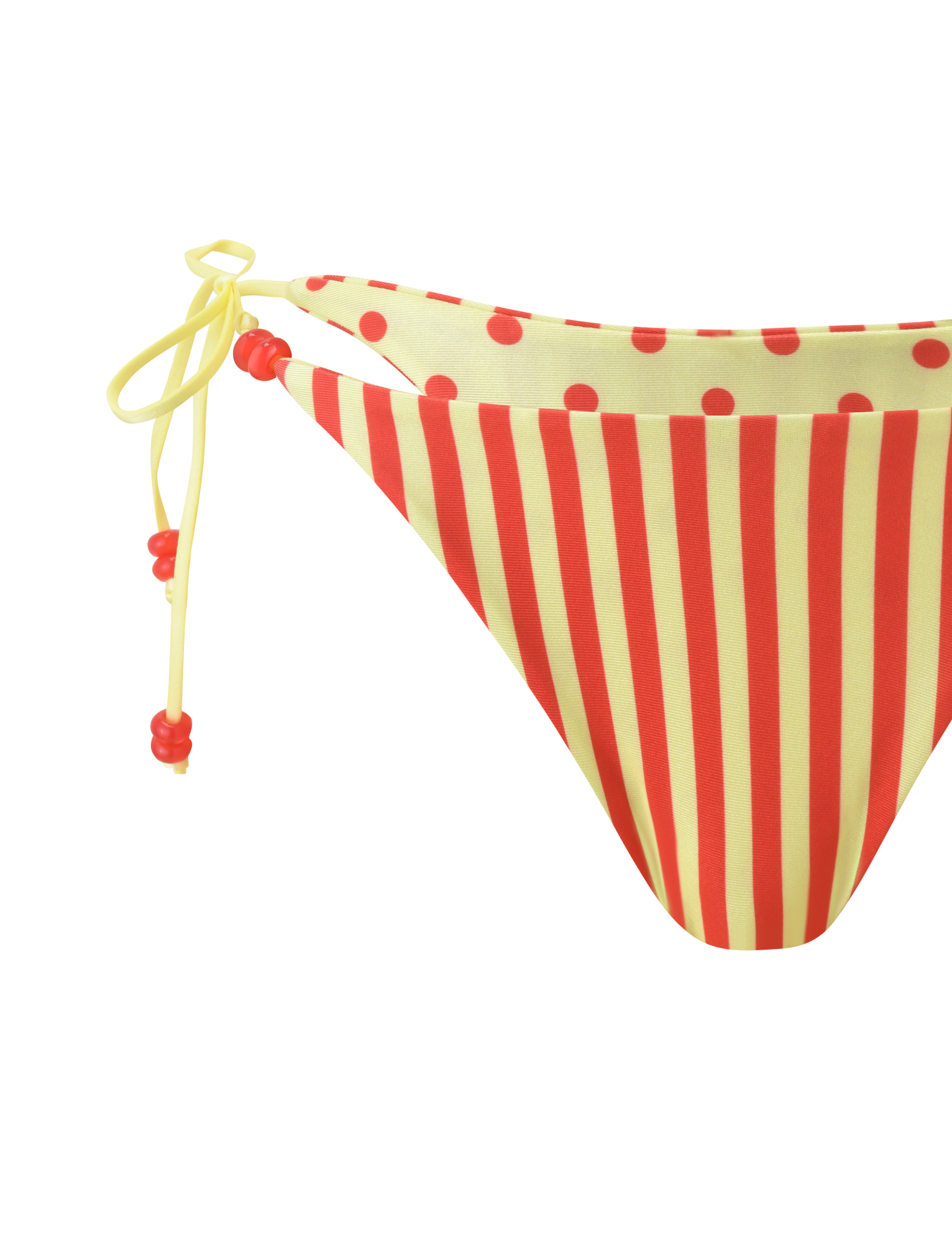 The TIGERMIST FINLEA REVERSIBLE BIKINI BOTTOM features red stripes and playful yellow polka dots, complete with yellow side ties and red bead accents for extra charm.