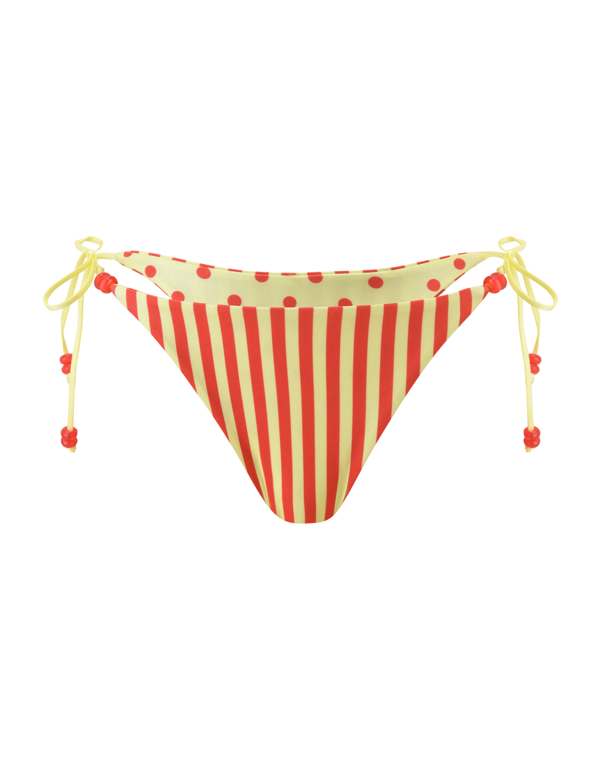The TIGERMIST FINLEA REVERSIBLE BIKINI BOTTOM features a yellow cheeky cut with red vertical stripes, red polka dots on the waistband, and yellow side ties with red flower beads, shown on a white background.