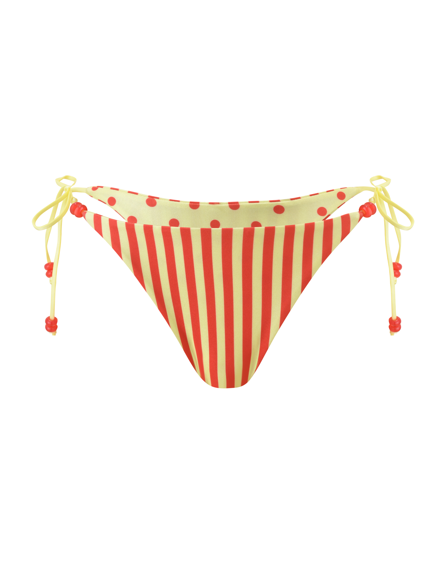 The TIGERMIST FINLEA REVERSIBLE BIKINI BOTTOM features a yellow cheeky cut with red vertical stripes, red polka dots on the waistband, and yellow side ties with red flower beads, shown on a white background.