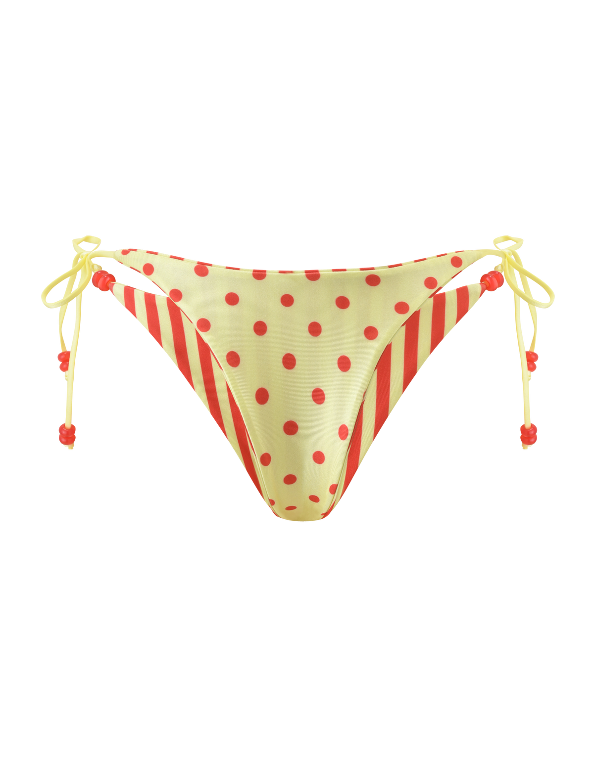 The TIGERMIST FINLEA REVERSIBLE BIKINI BOTTOM features a cheeky cut with a white base, red center dots, red striped sides, and adjustable side ties with red flower beads.