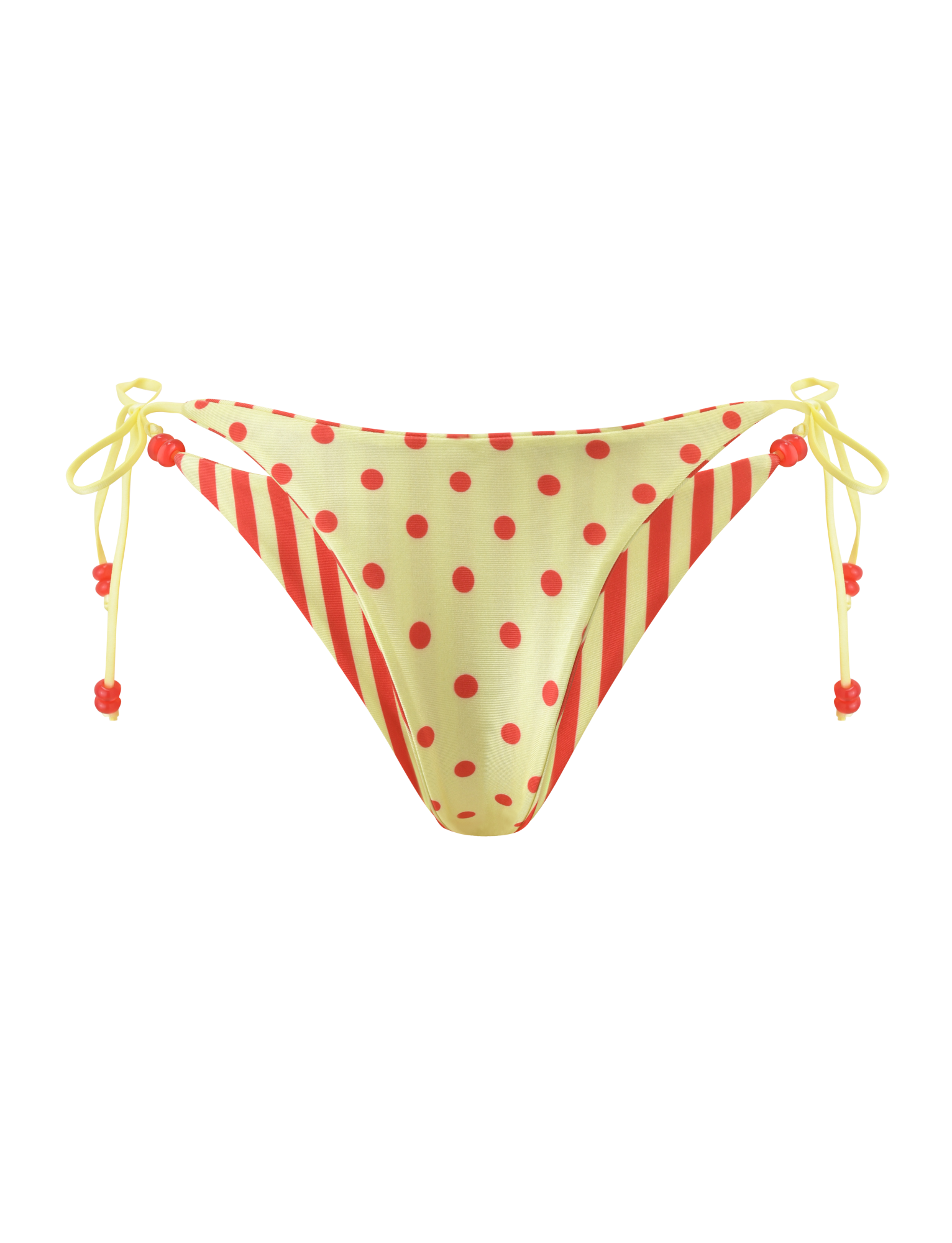 The TIGERMIST FINLEA REVERSIBLE BIKINI BOTTOM features a cheeky cut with a white base, red center dots, red striped sides, and adjustable side ties with red flower beads.