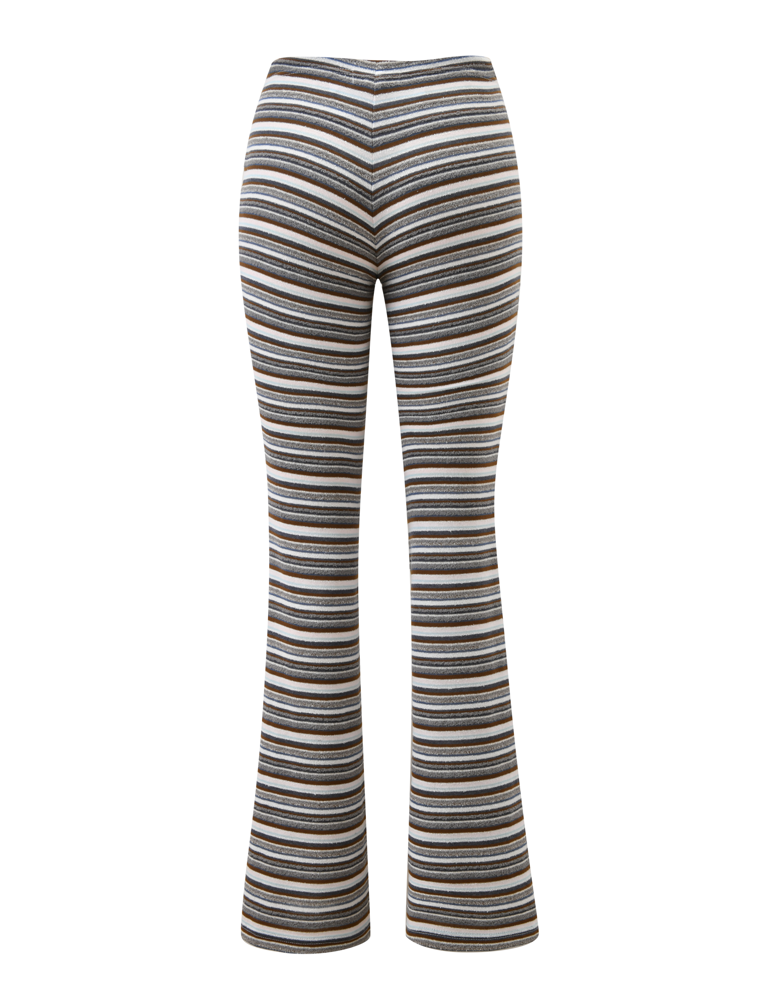 Back view of TIGERMIST DILLON PANT in blue and brown stripe, featuring a high-waisted, flared silhouette on a plain white background.