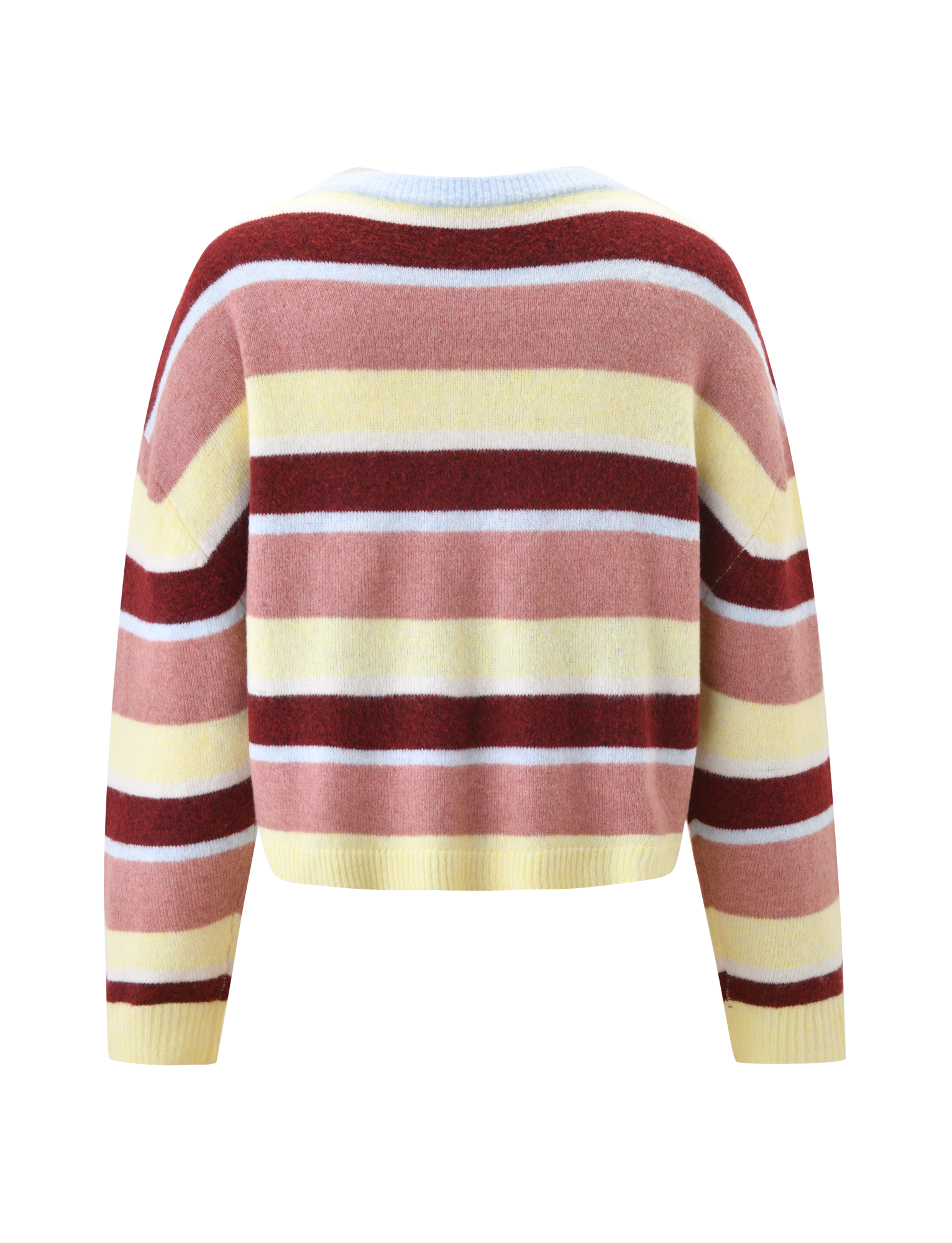 The image shows the back of the TIGERMIST KOA 2.0 STRIPED JUMPER - TAN STRIPE, a cropped knit sweater with long sleeves and pink, burgundy, white, and yellow stripes, set against a plain white background.