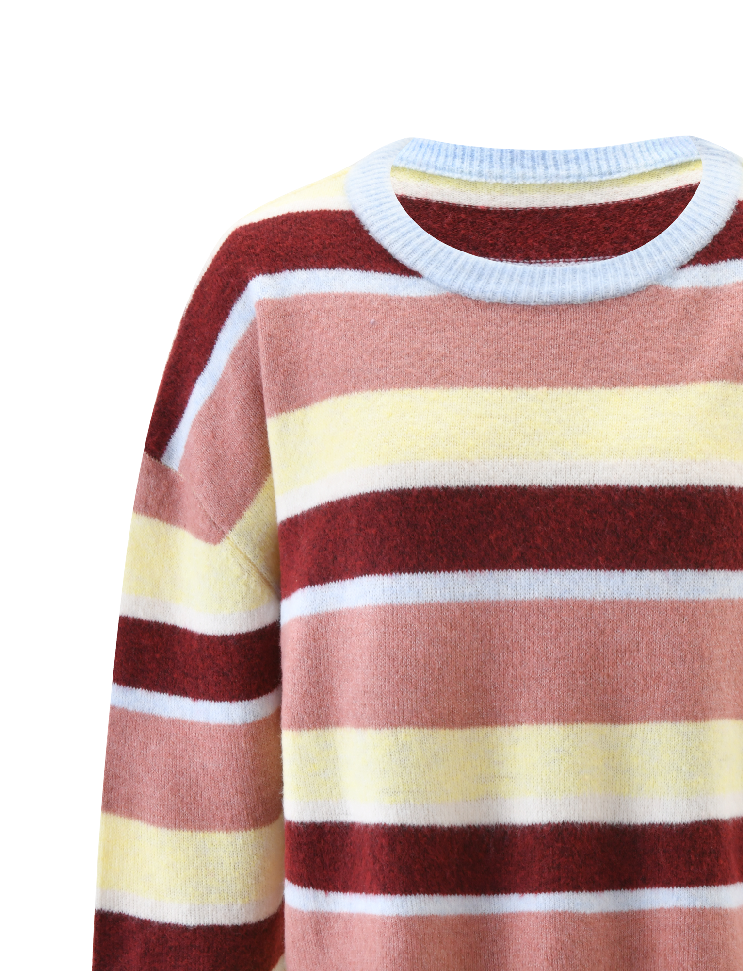 A close-up of the TIGERMIST KOA 2.0 STRIPED JUMPER - TAN STRIPE, a fuzzy knit sweater with horizontal stripes in burgundy, yellow, pale pink, and white, finished with a light blue ribbed collar.