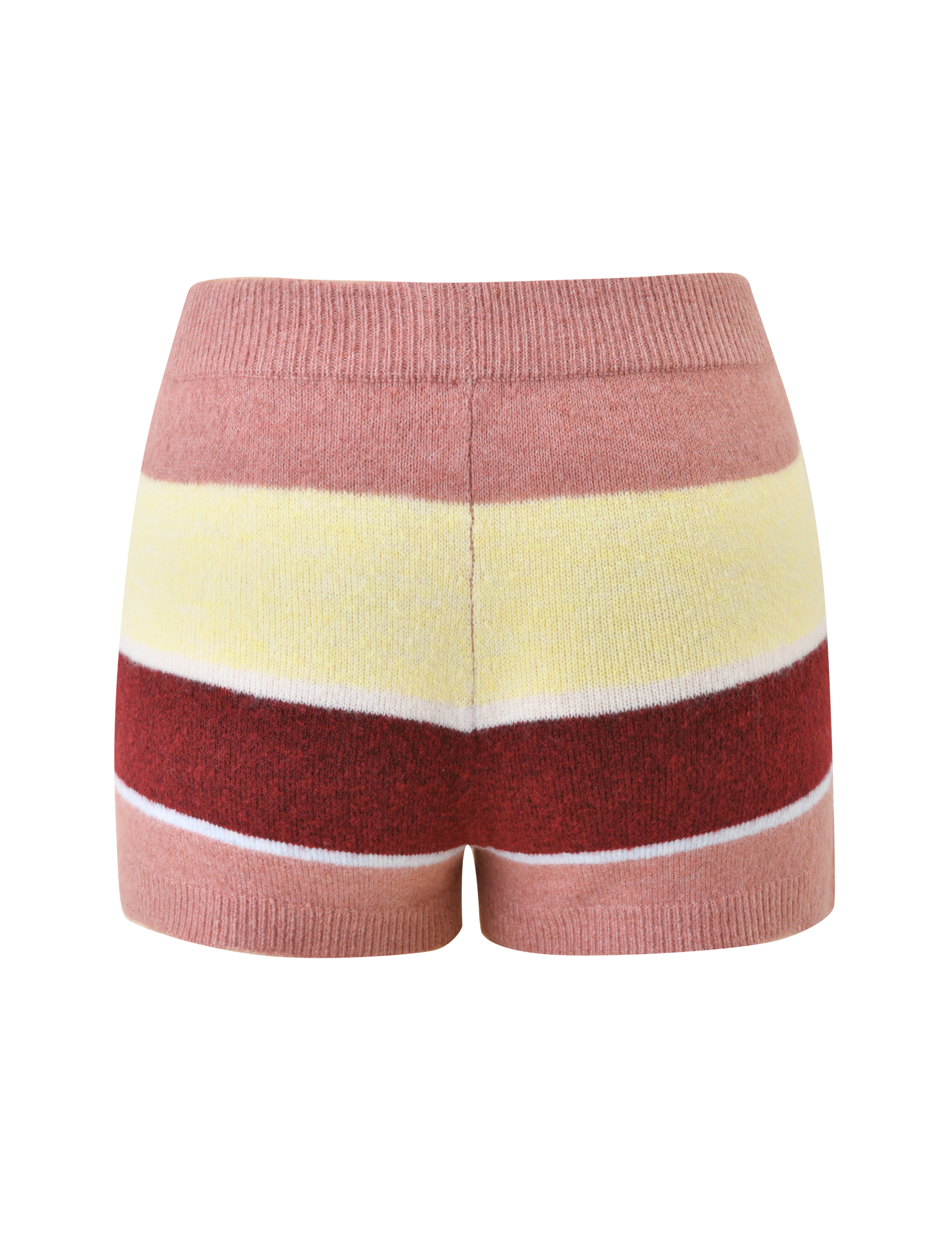 The TIGERMIST KOA 2.0 STRIPED SHORT - TAN STRIPE features a multicolour stripe design in pink, yellow, red, and white. These knit mini shorts are shown against a plain white background.
