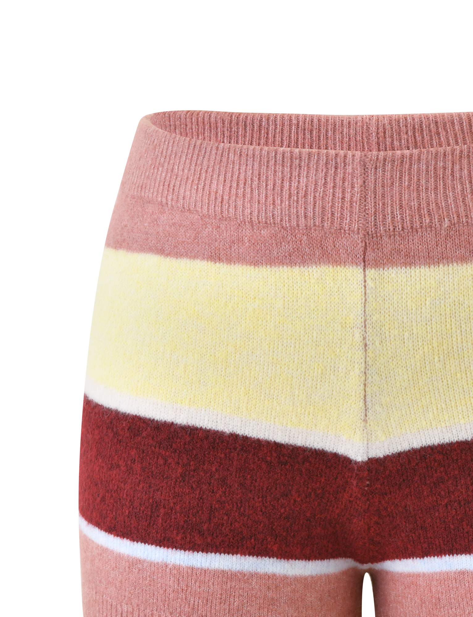 Close-up of the KOA 2.0 STRIPED SHORT - TAN STRIPE by TIGERMIST, a knit mini short with pink, yellow, burgundy, and white multicolour stripes, shown from waist to mid-thigh against a plain white background.