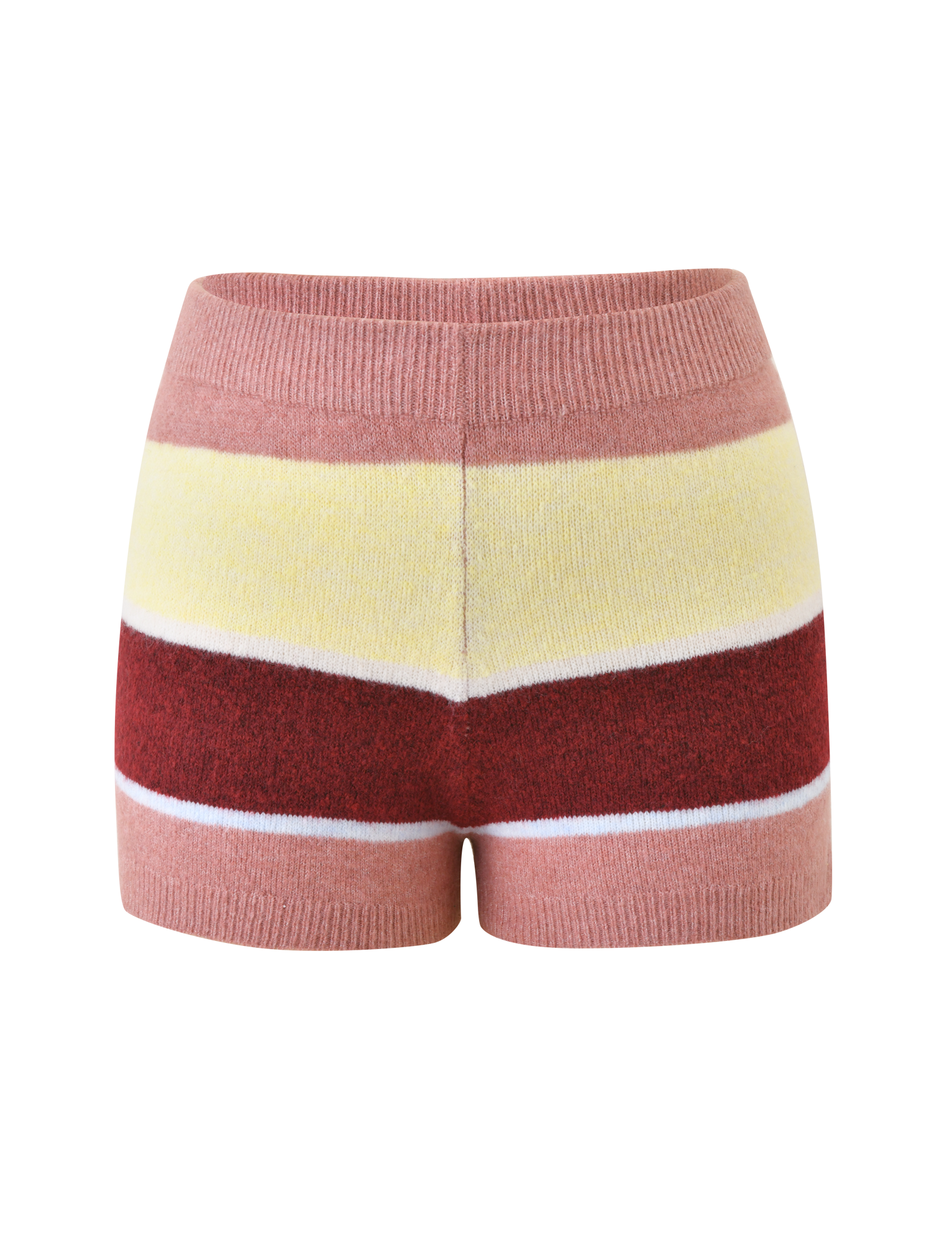The TIGERMIST KOA 2.0 STRIPED SHORT - TAN STRIPE is a stripe knit mini short featuring multicolour stripes in pink, yellow, red, and white with a ribbed waistband and hem. The background is plain white.