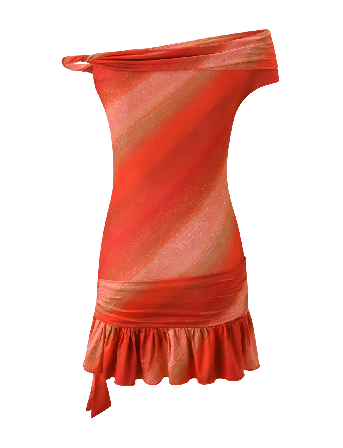 The HAELO MINI DRESS by TIGERMIST features a one-shoulder design, form-fitting silhouette, sunrise glitter ombre stripes in red, orange, and pink, with an asymmetrical neckline, ruched waist, ruffled hem, and side tie.