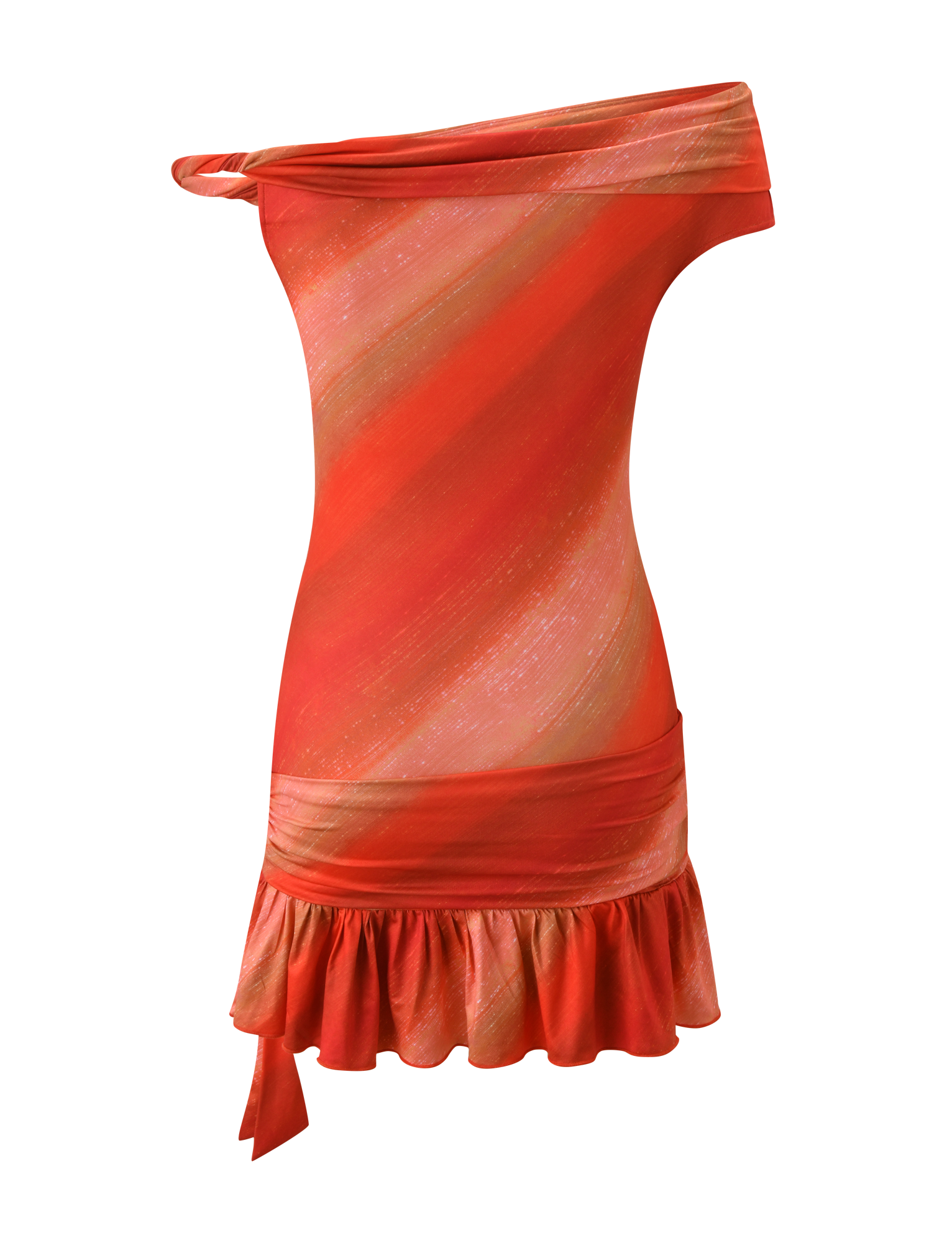 The HAELO MINI DRESS by TIGERMIST features a one-shoulder design, form-fitting silhouette, sunrise glitter ombre stripes in red, orange, and pink, with an asymmetrical neckline, ruched waist, ruffled hem, and side tie.