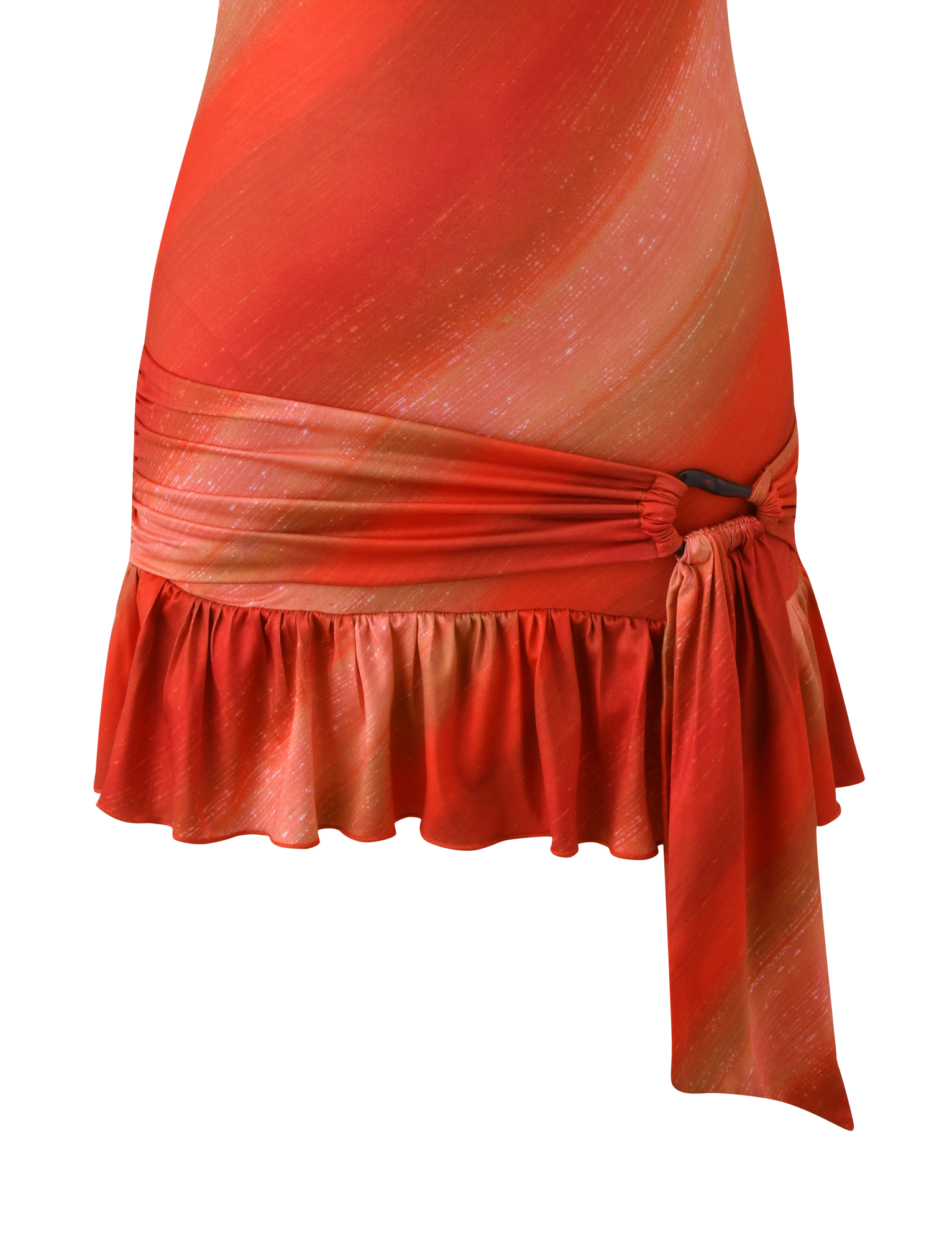 Close-up of the TIGERMIST HAELO MINI DRESS in Sunrise Glitter Stripe, featuring an ombre gradient, red and orange ruffled hem, side knot with draped tie, and a soft fabric with a slight sheen.
