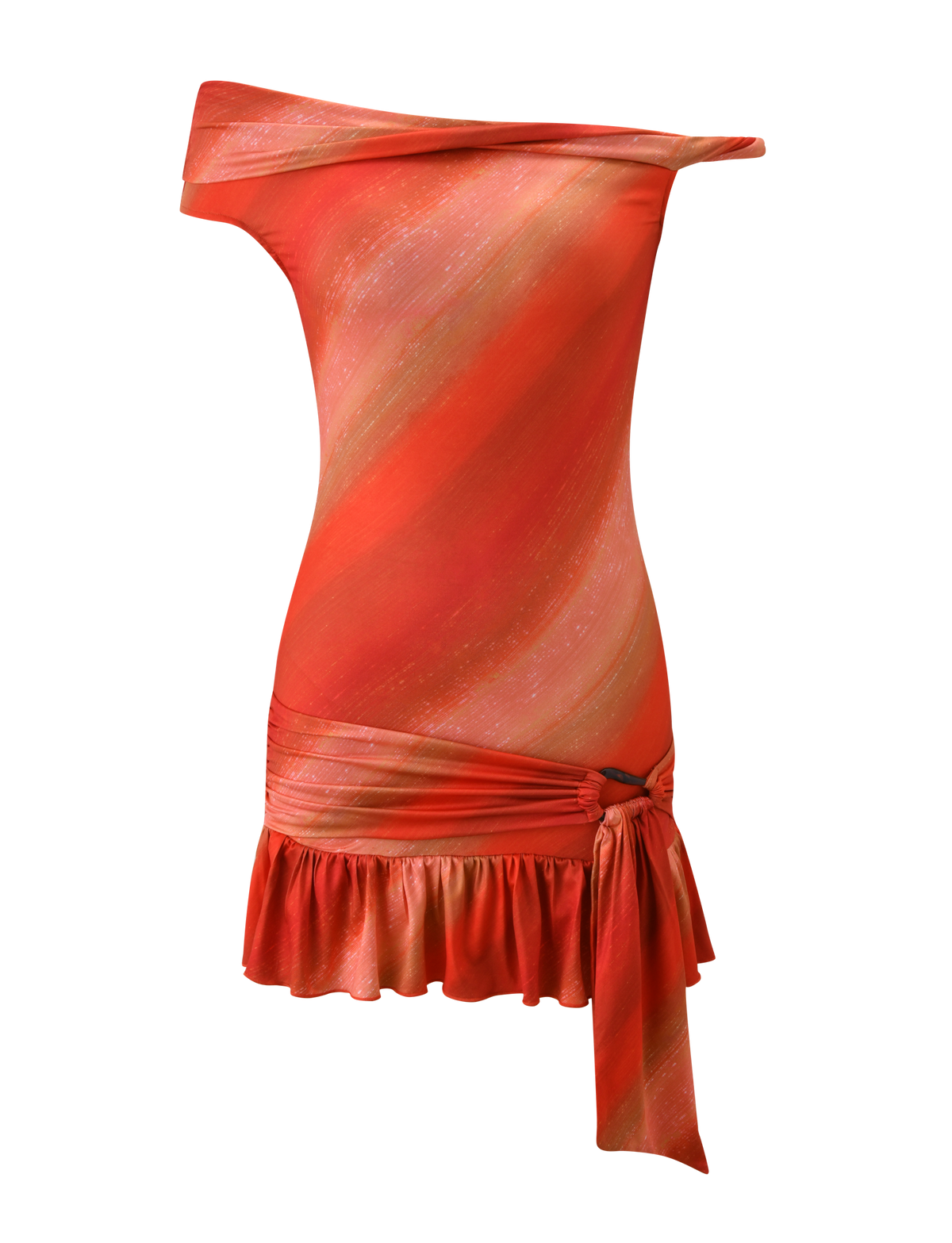 The HAELO MINI DRESS - SUNRISE GLITTER STRIPE by TIGERMIST features an orange and red ombre stripe, sleeveless design, off-the-shoulder asymmetrical neckline, ruffled hem, and a stylish side knot at the hip.