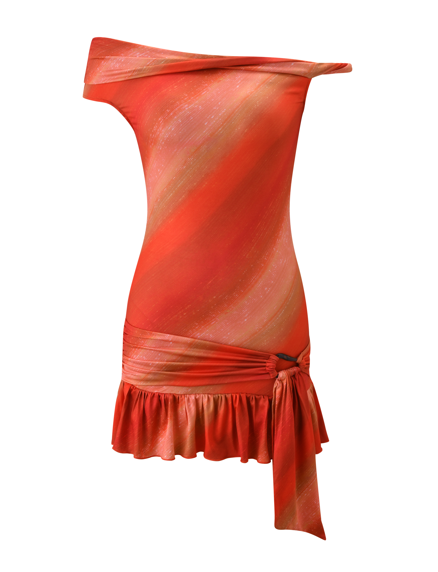 The HAELO MINI DRESS - SUNRISE GLITTER STRIPE by TIGERMIST features an orange and red ombre stripe, sleeveless design, off-the-shoulder asymmetrical neckline, ruffled hem, and a stylish side knot at the hip.